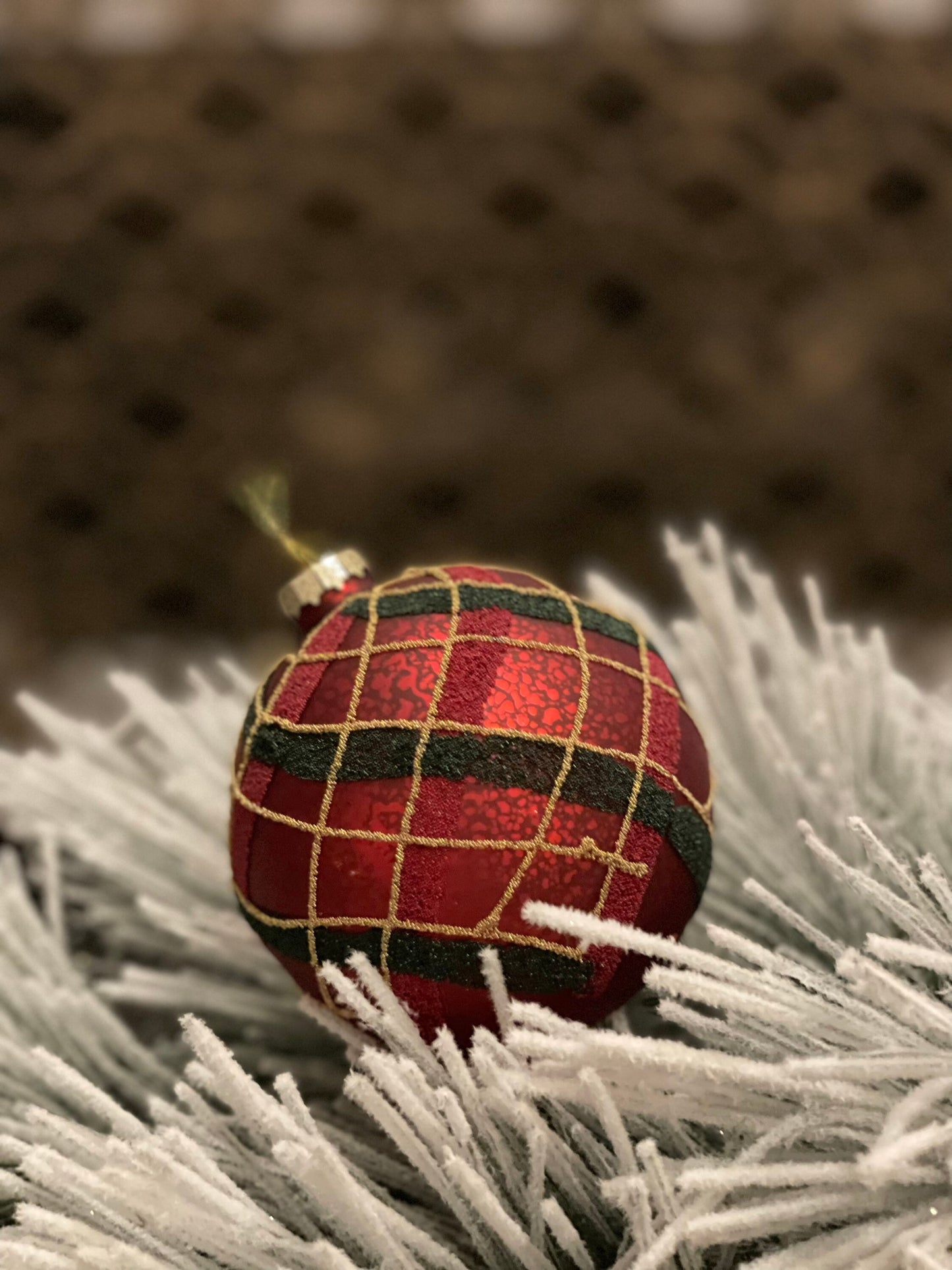 SET of 2. 4"mercury glass beaded plaid ball ornament.