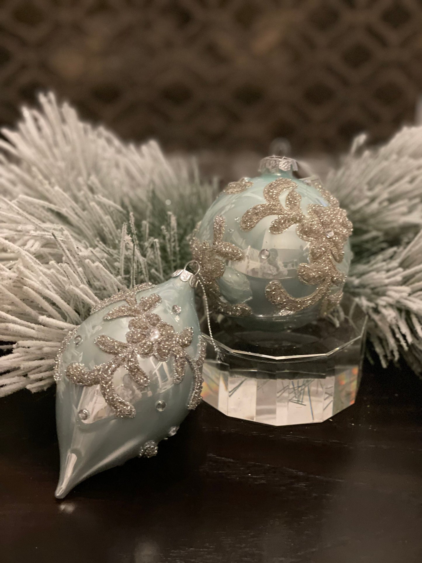 4-6"Glass beaded trinity ball/kismet ornament. Set of 2. Aqua.