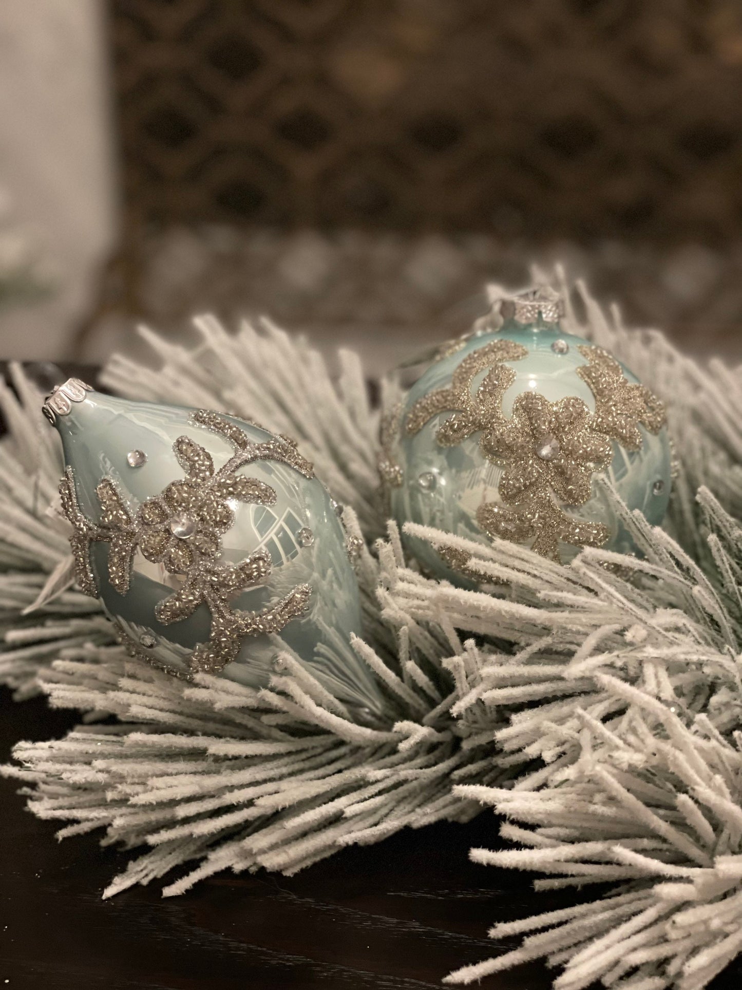 4-6"Glass beaded trinity ball/kismet ornament. Set of 2. Aqua.