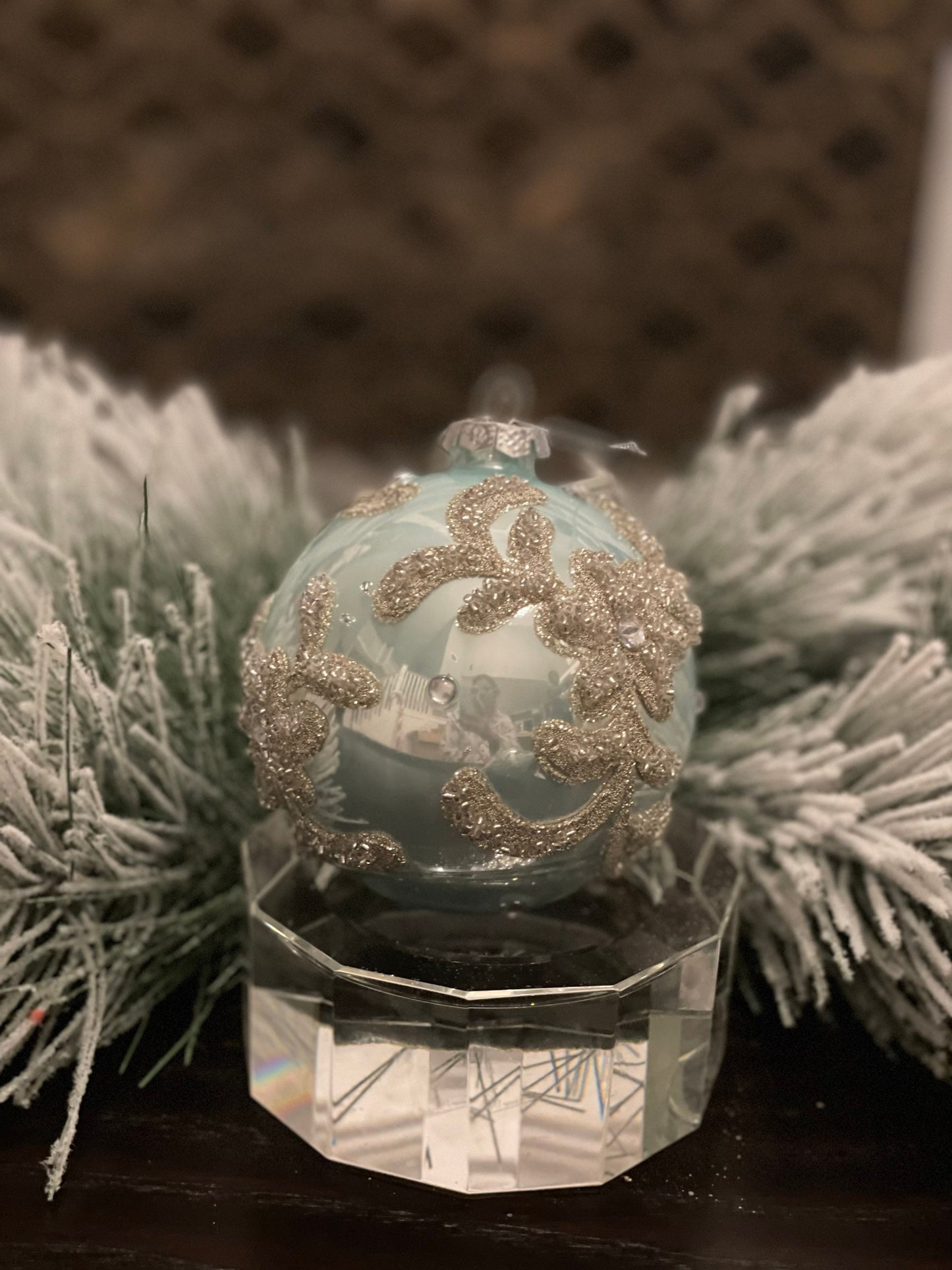 4-6"Glass beaded trinity ball/kismet ornament. Set of 2. Aqua.
