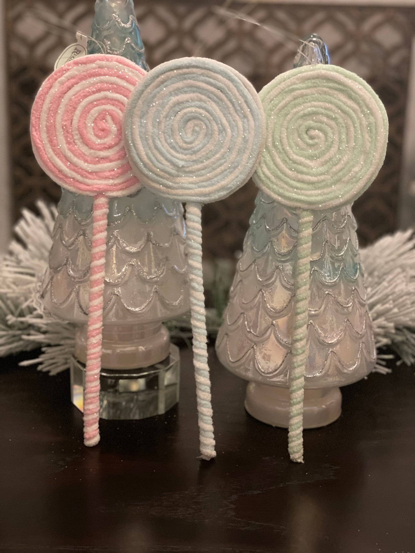 14"Frosted pastel lollipop ornament. Set of 3. Pink, green and blue.