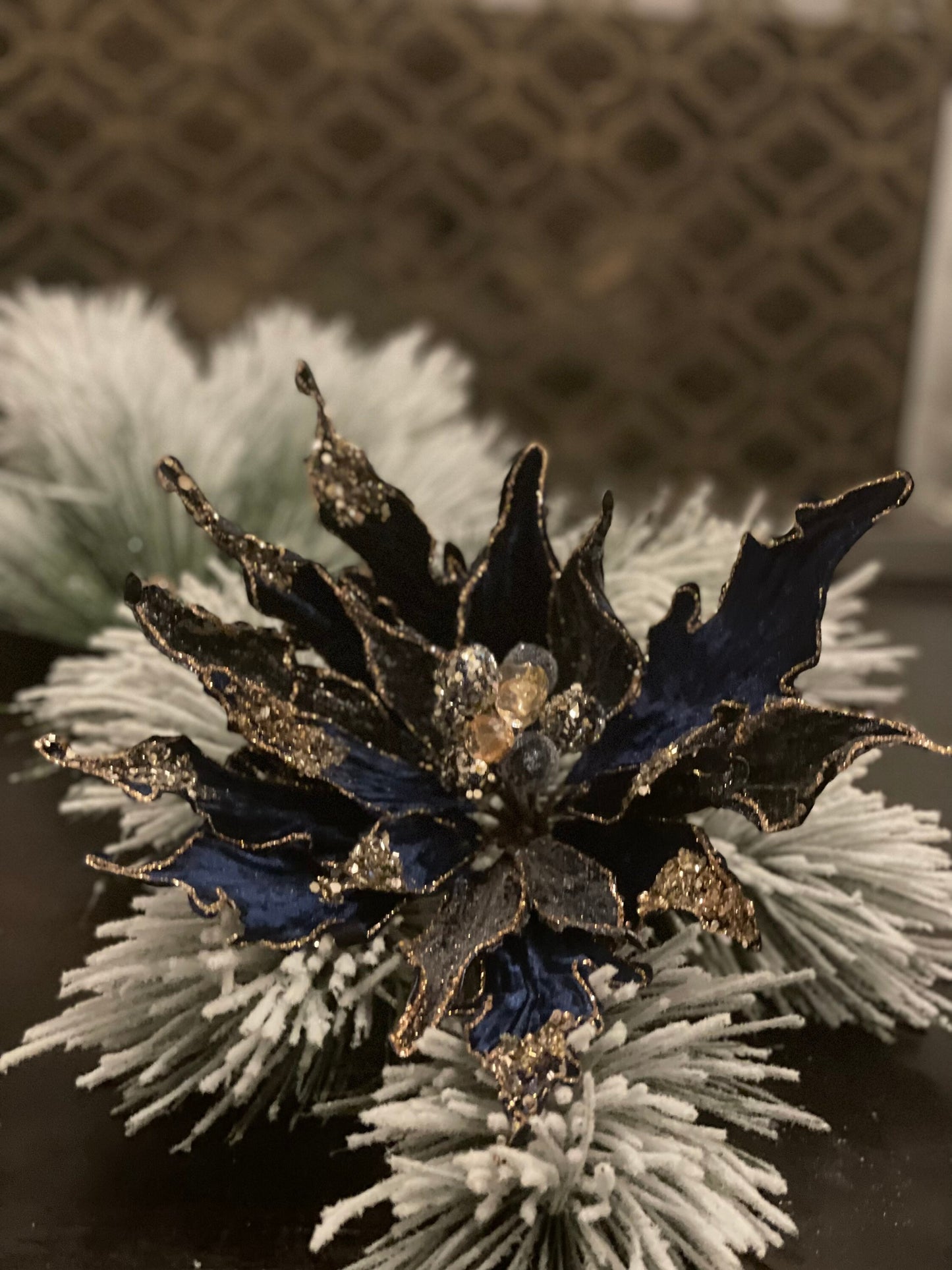 13” Poinsettia beaded stem. Sapphire. Blue.
