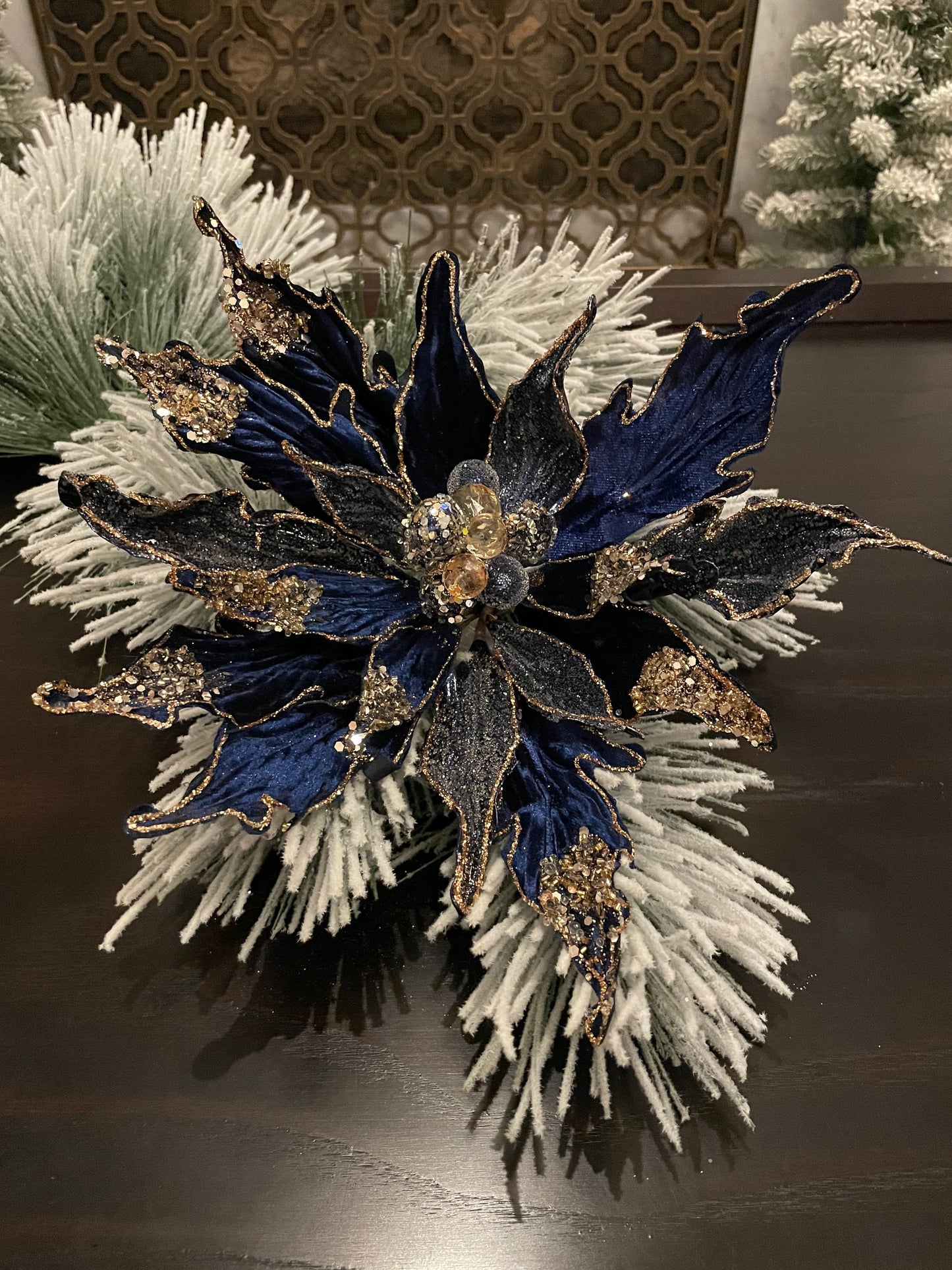 13” Poinsettia beaded stem. Sapphire. Blue.