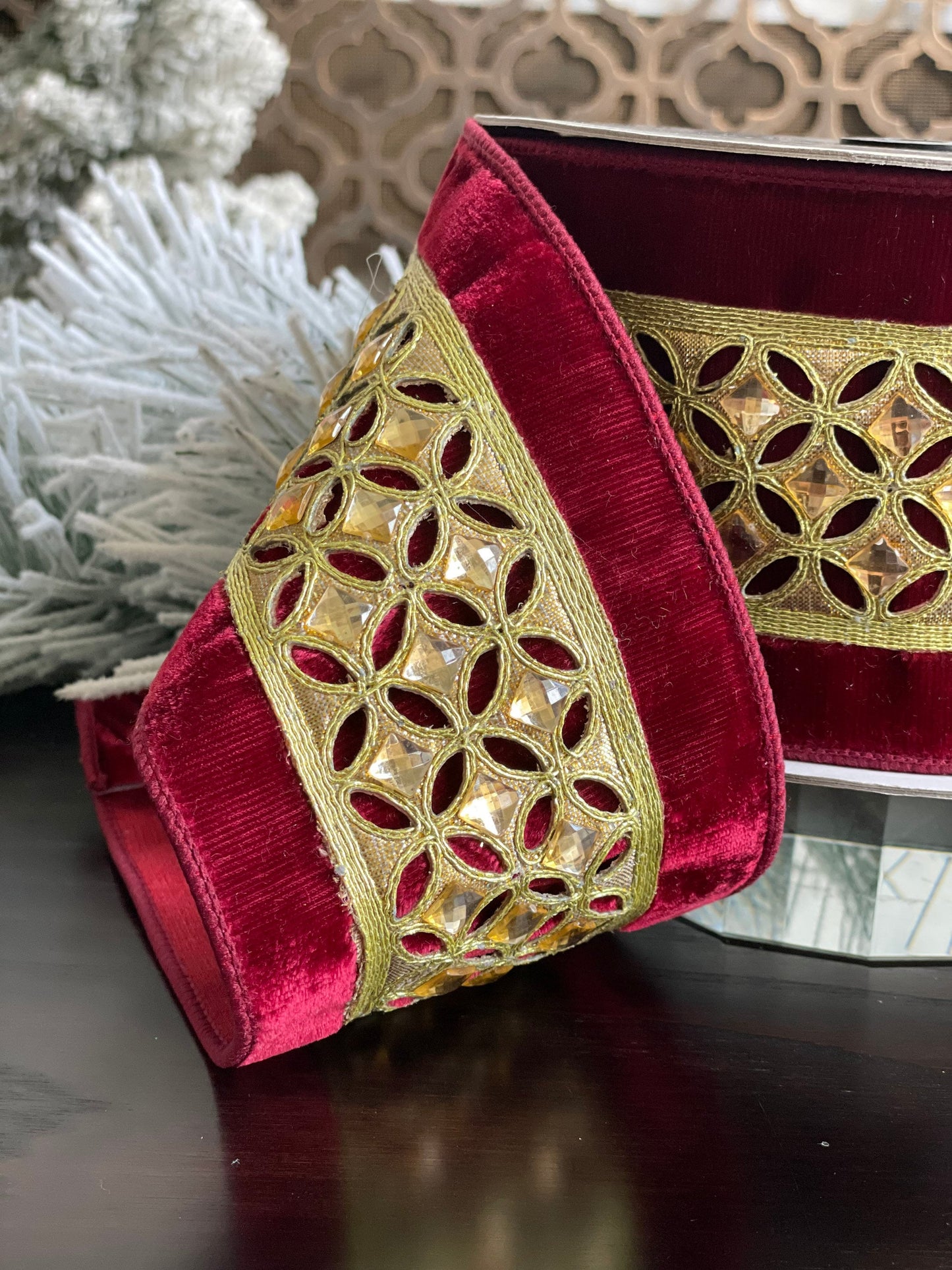 4"x5 yards velvet jeweled diamond lace. Ruby gold.