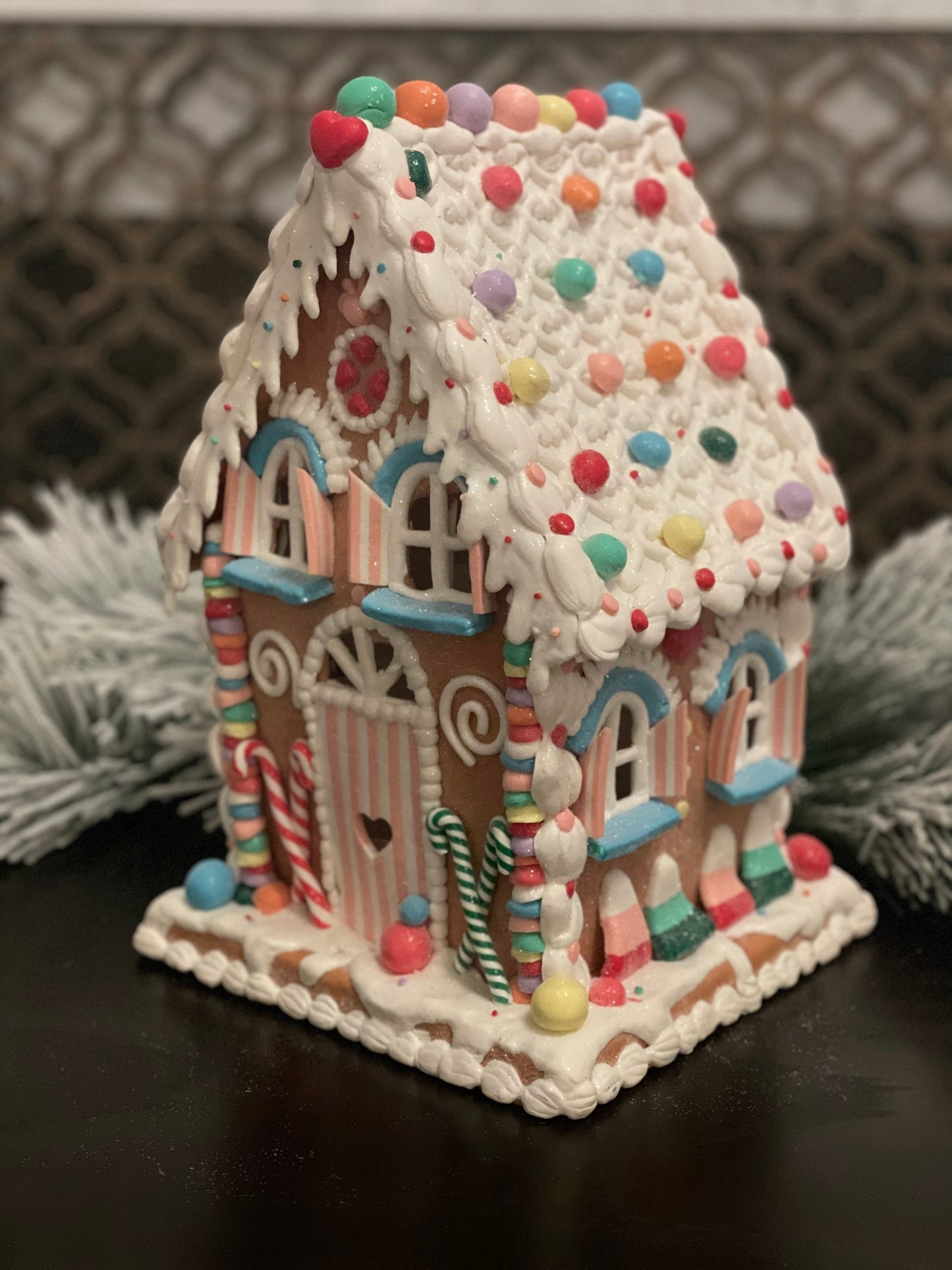 14" Lighted gingerbread candy house.