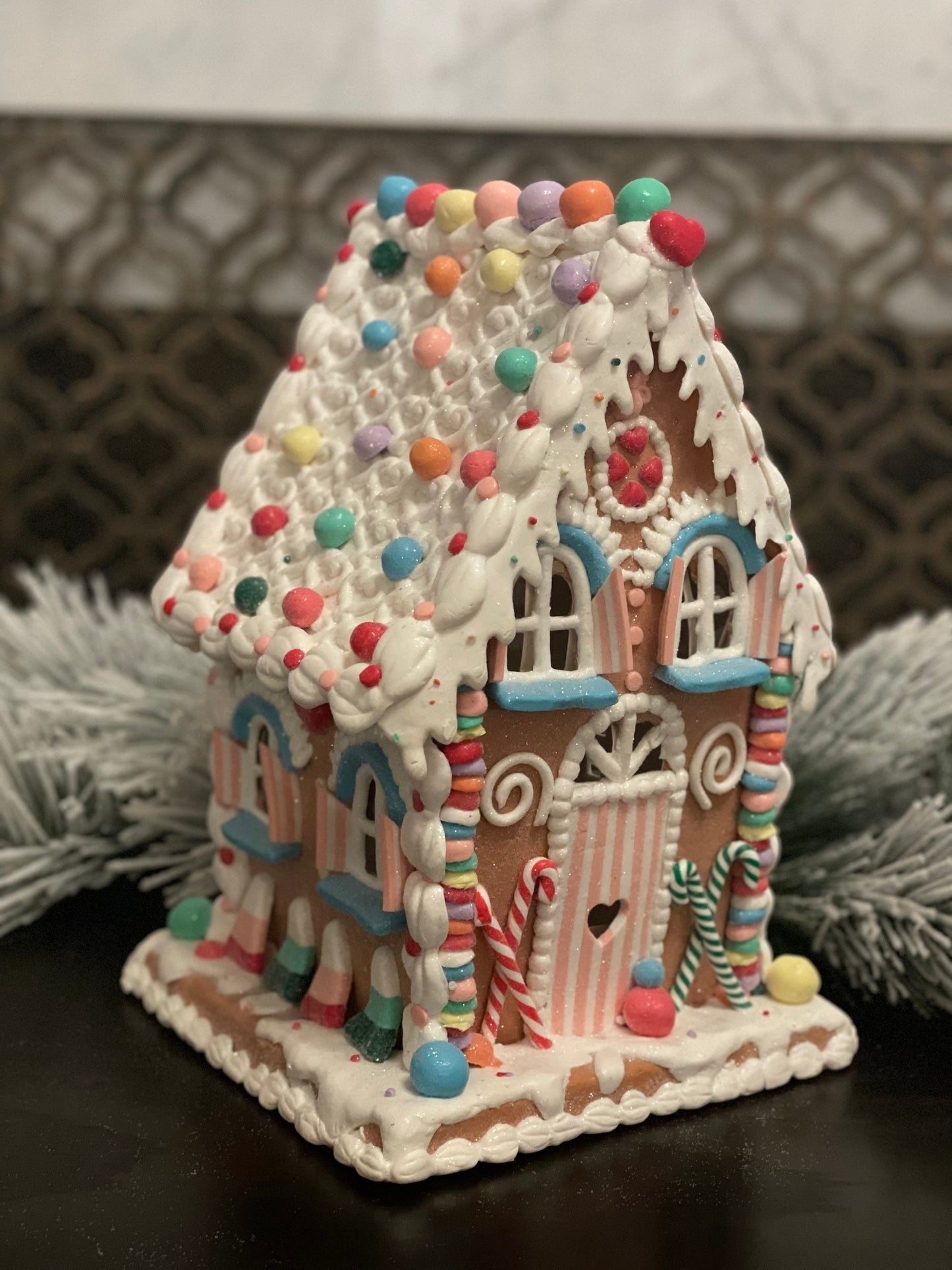 14" Lighted gingerbread candy house.