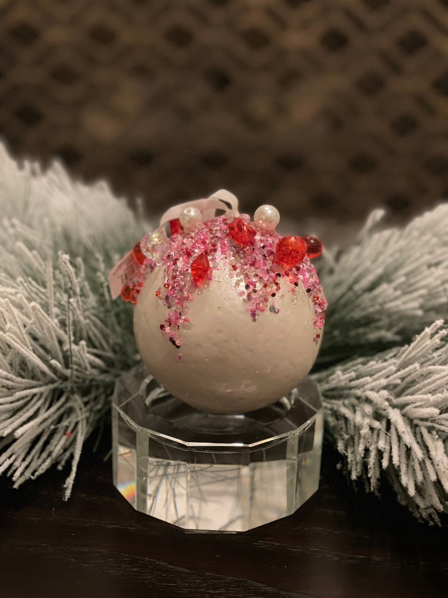 4.5" Pearl jeweled ball. White, red and pink.