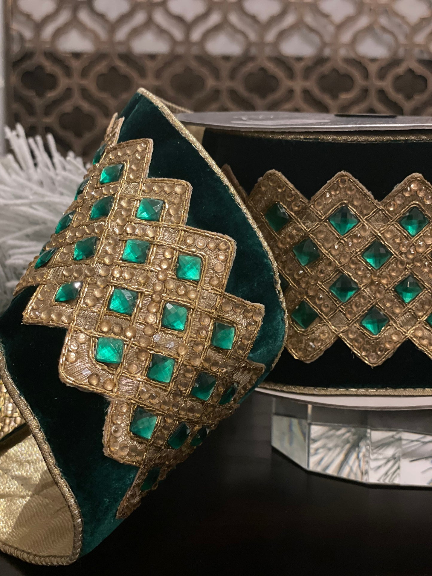 4” x 5 yds. Velvet bejeweled lattice emerald ribbon. Wired. Farrisilk.*