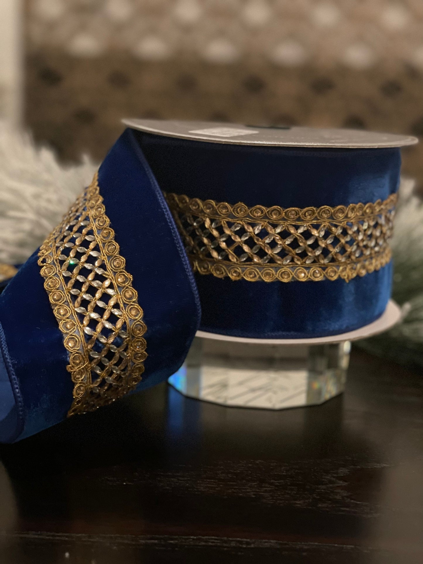 4”x 5 yards. Designer royal lattice velvet ribbon. Royal blue. Wired. Farrisilk.*