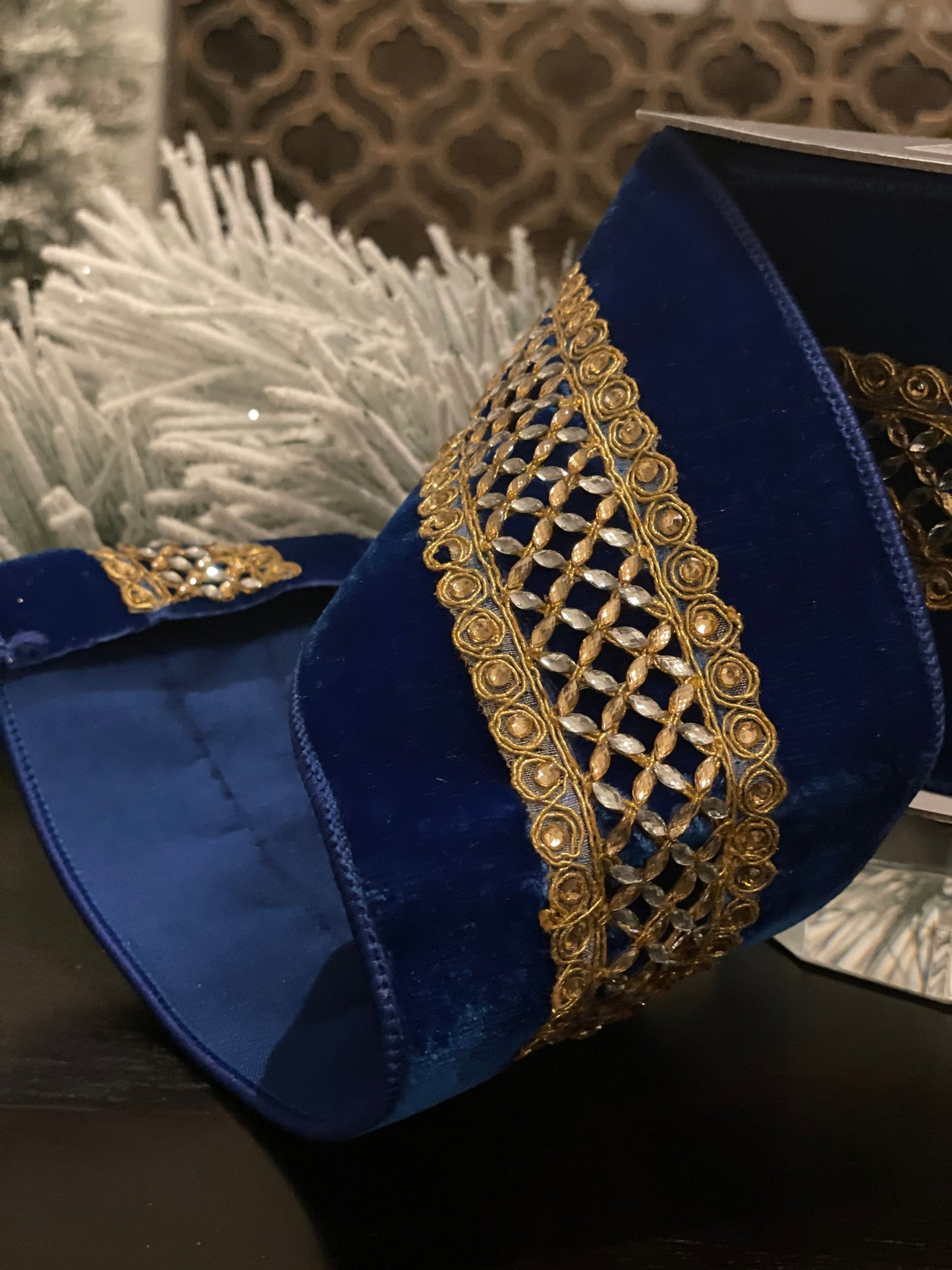 4”x 5 yards. Designer royal lattice velvet ribbon. Royal blue. Wired. Farrisilk.*