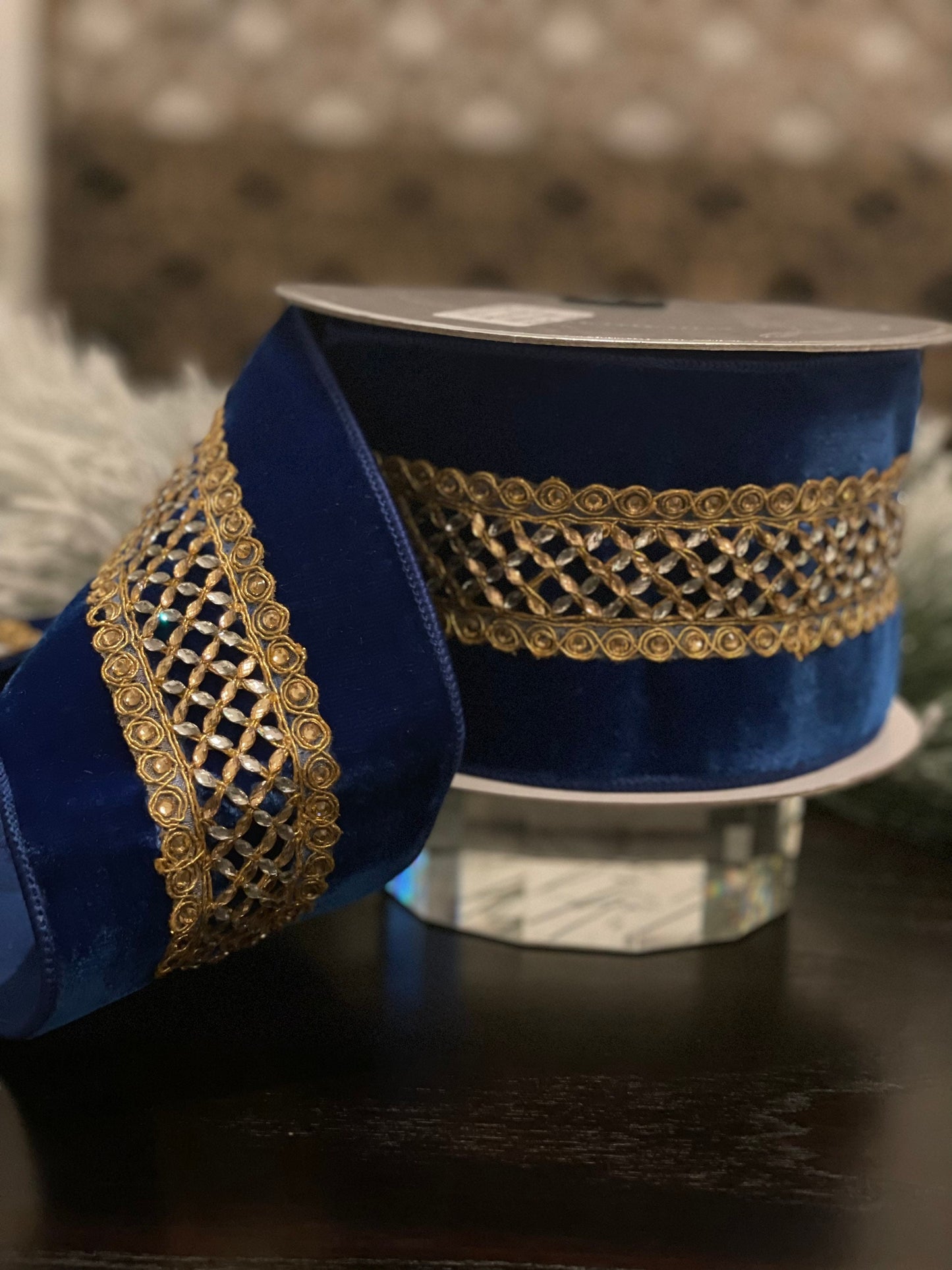 4”x 5 yards. Designer royal lattice velvet ribbon. Royal blue. Wired. Farrisilk.*