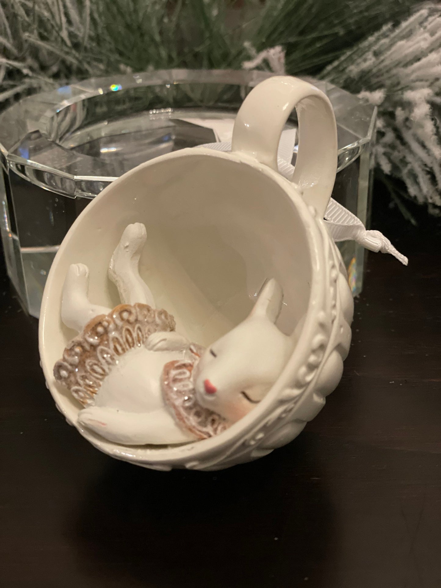 4” resin mouse in teacup ornament. Set of 2.