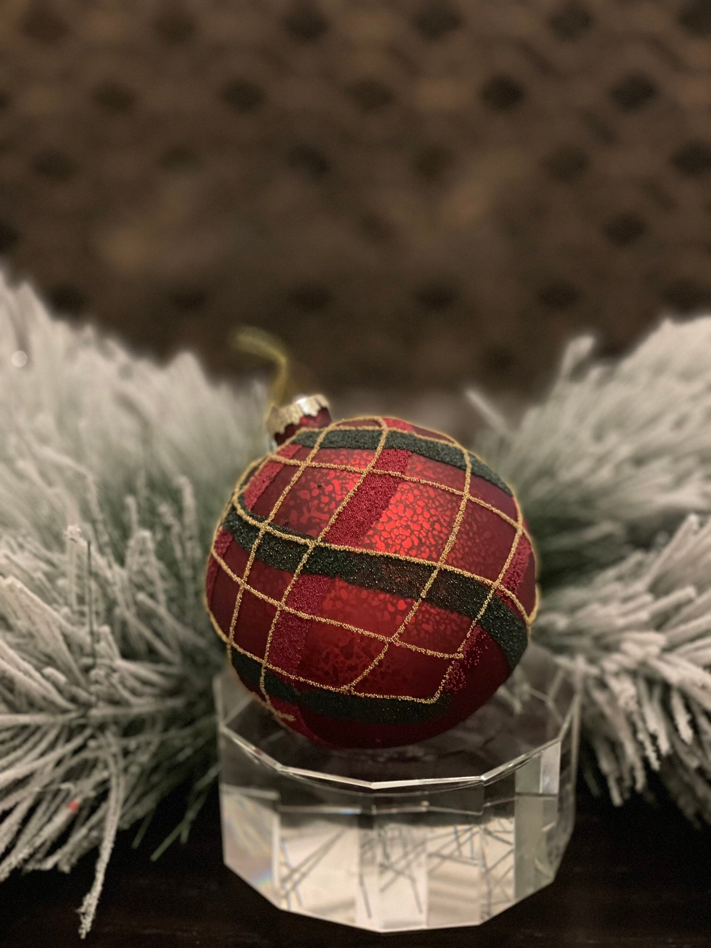 SET of 2. 4"mercury glass beaded plaid ball ornament.