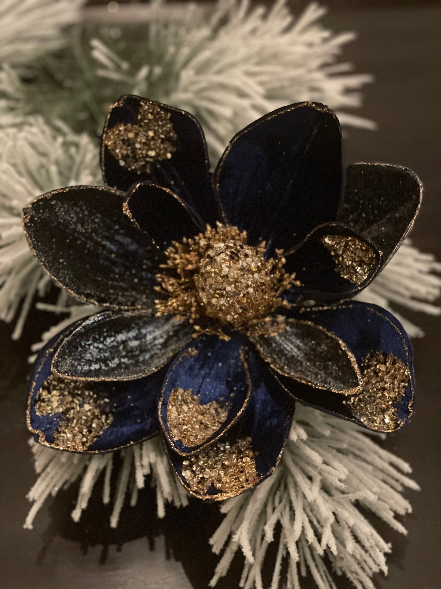 9.5” inches beaded jewel magnolia stem, sapphire and gold.