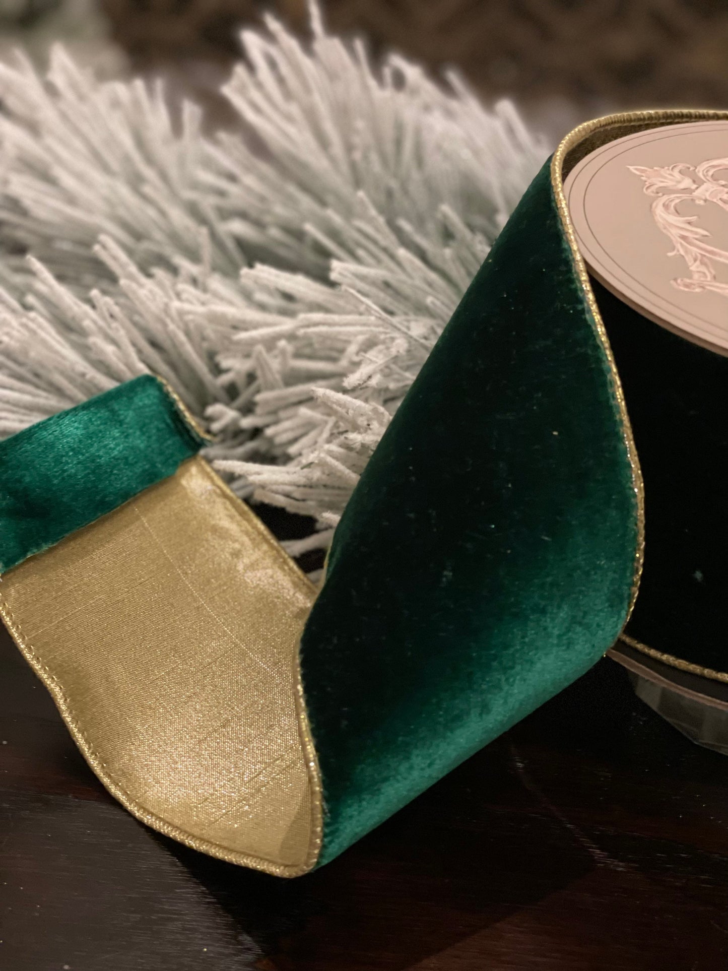 4” x 10 yds. Designer lush velvet emerald ribbon with light gold back.*
