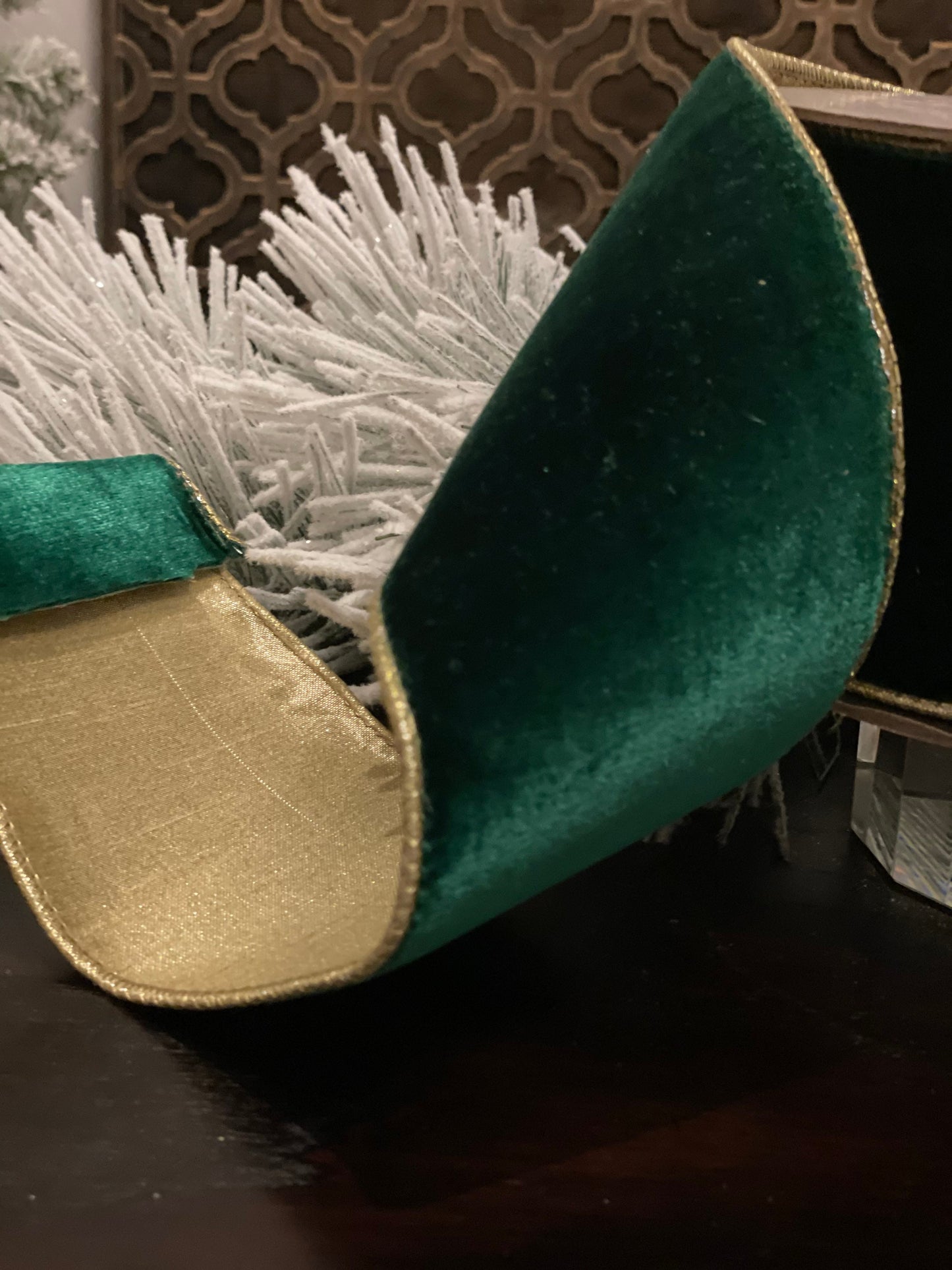 4” x 10 yds. Designer lush velvet emerald ribbon with light gold back.*