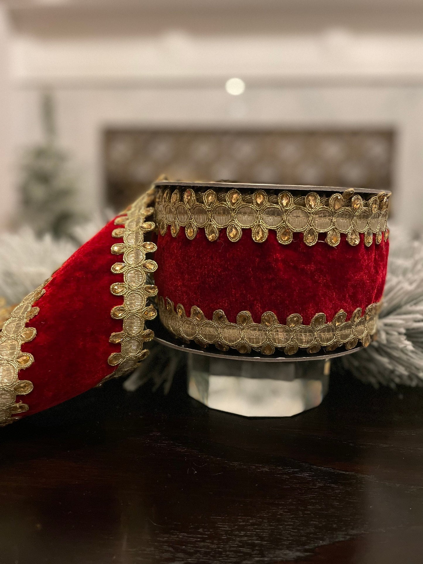 4” x 10 yds. Velvet jewel trim red ribbon. Wired. D. Stevens.*