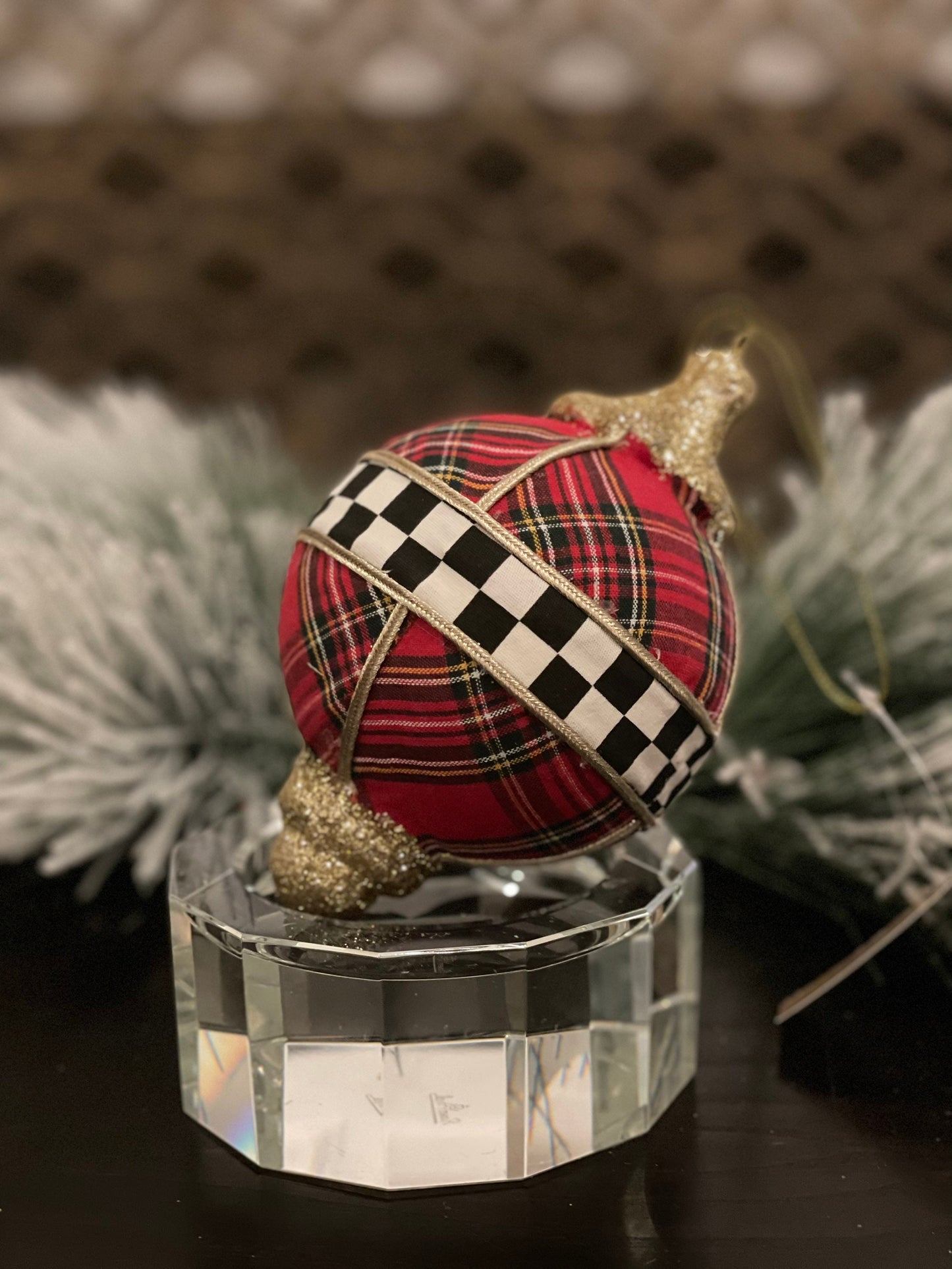 6"plaid check finial ornament.
