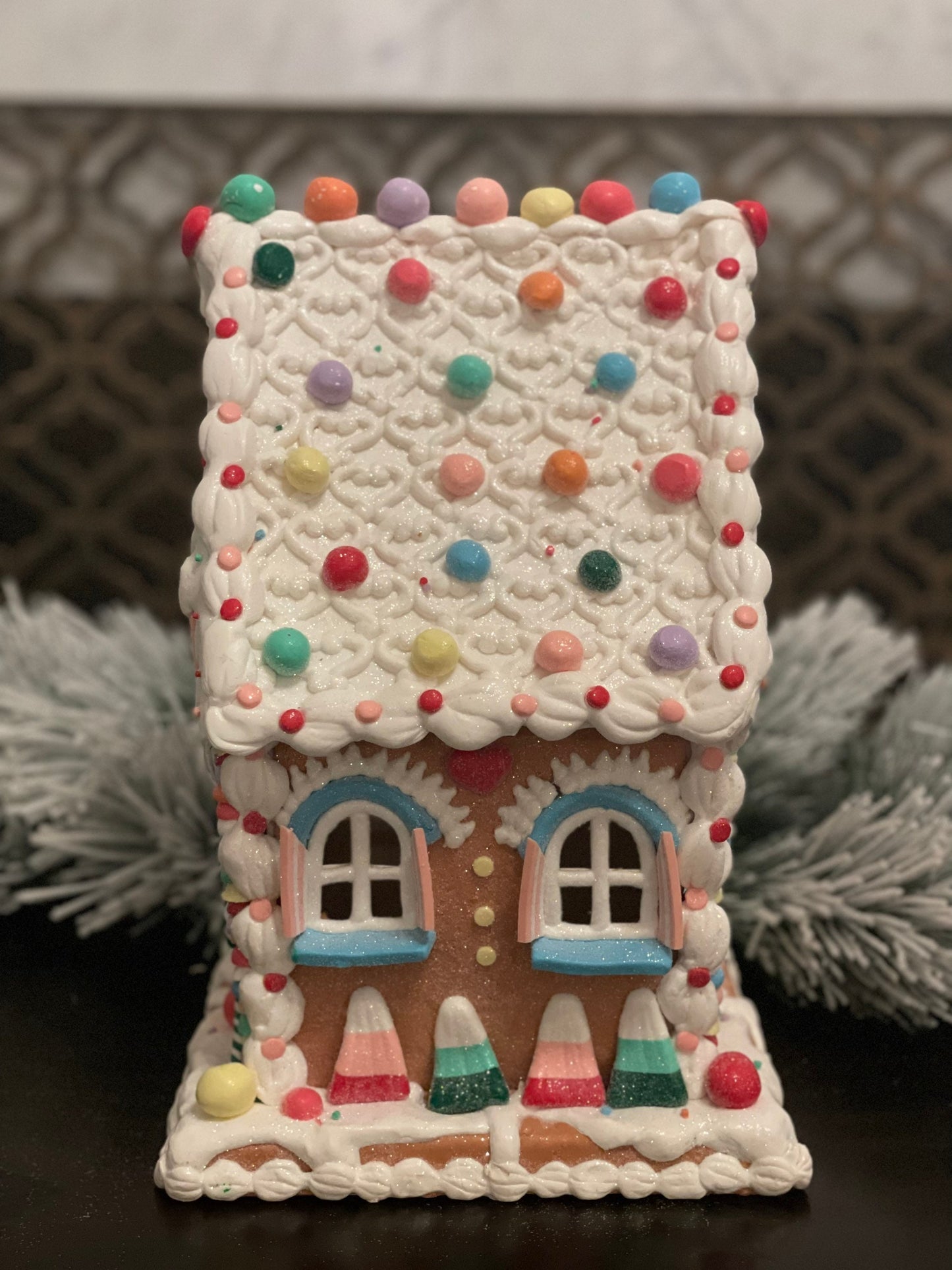 14" Lighted gingerbread candy house.