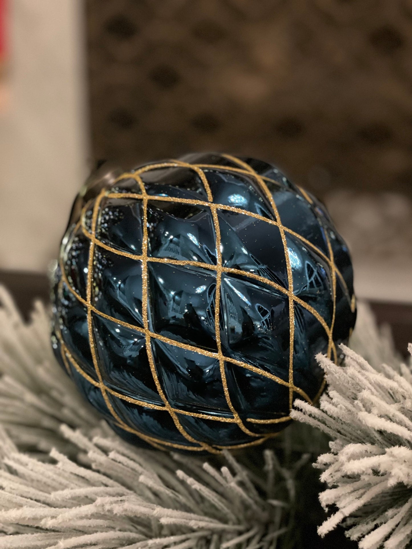 150 mm Blue and gold Glitter shiny Ornament Ball. Diamond pattern. Shatterproof.