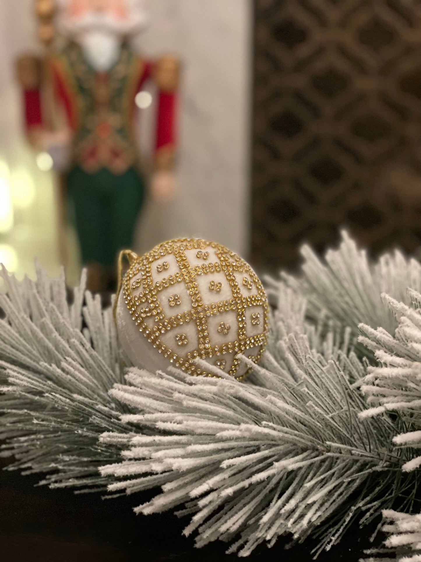 4” Velvet and crystal ball ornament ivory and gold.