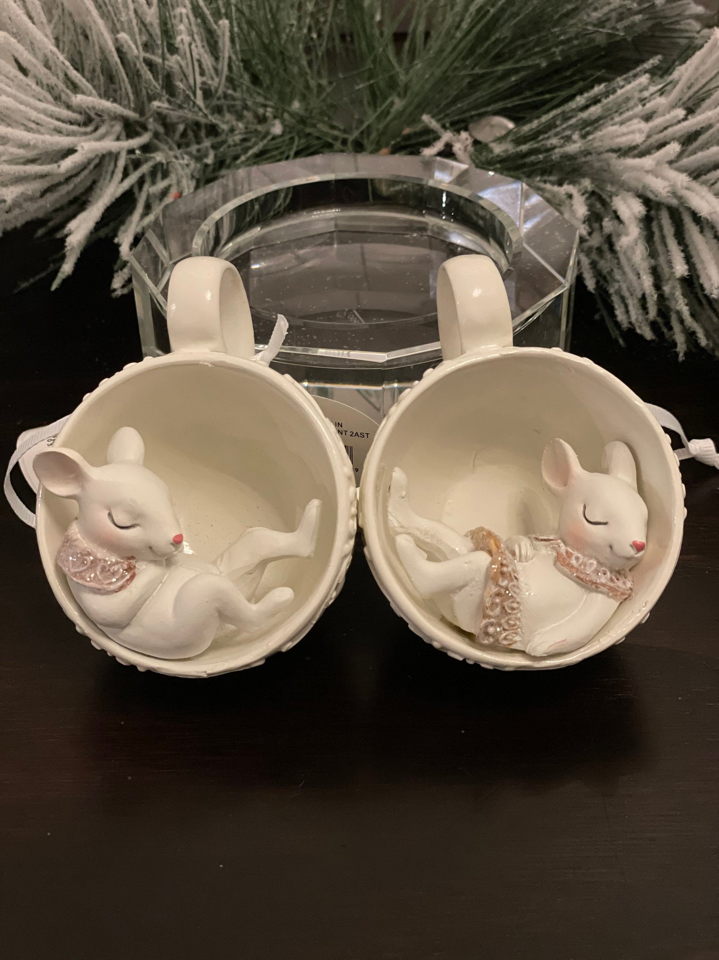 4” resin mouse in teacup ornament. Set of 2.