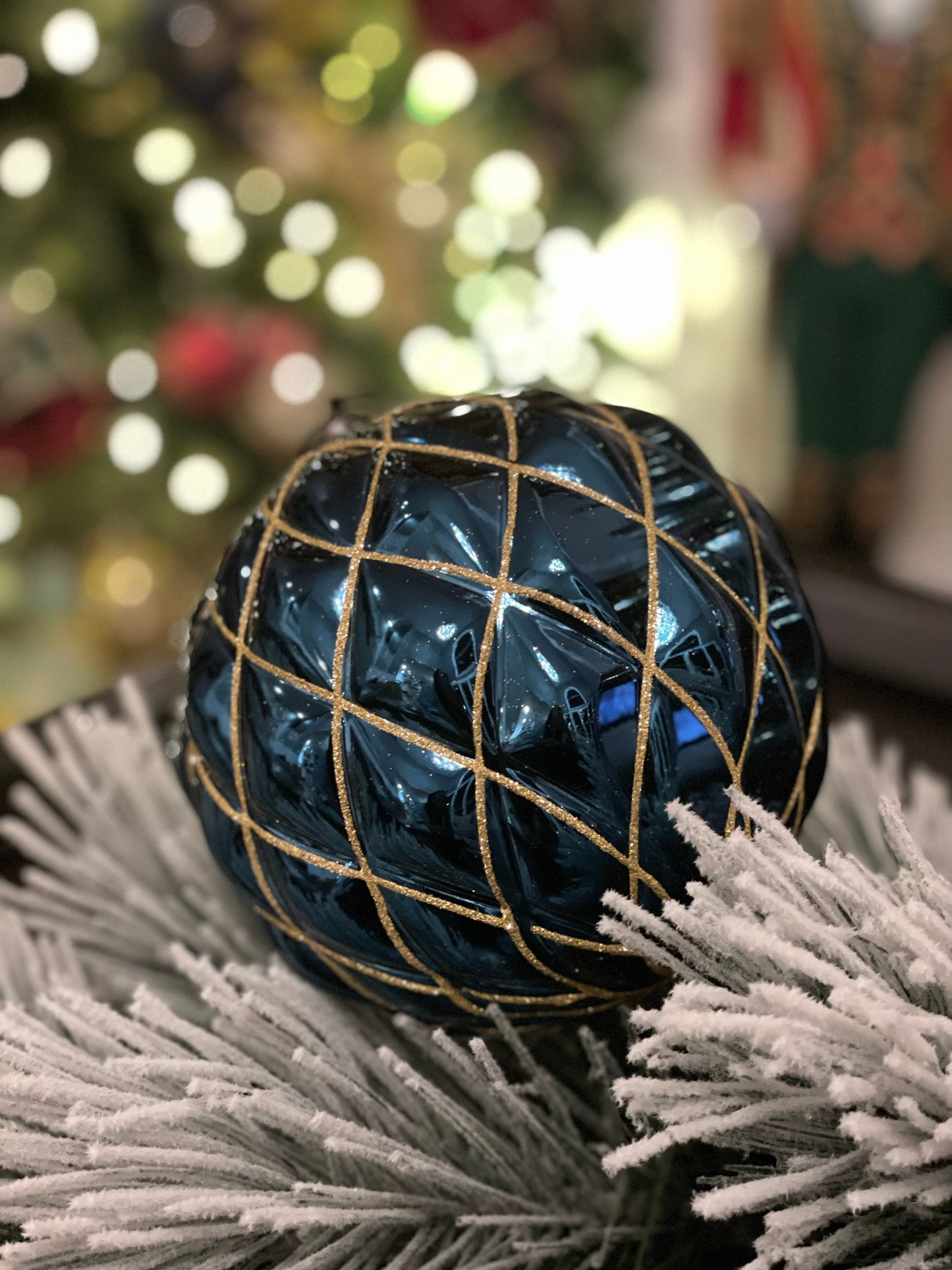 150 mm Blue and gold Glitter shiny Ornament Ball. Diamond pattern. Shatterproof.