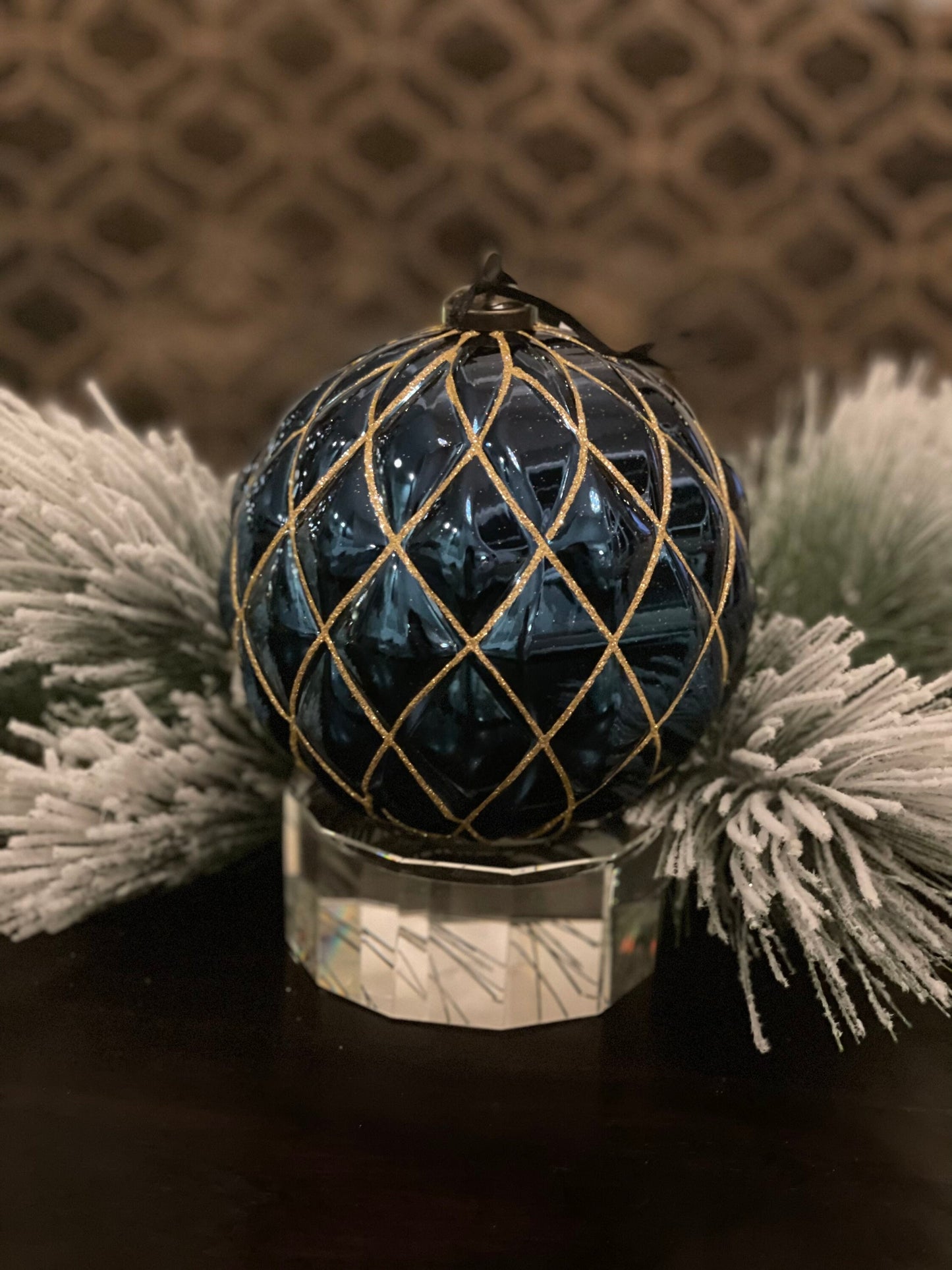150 mm Blue and gold Glitter shiny Ornament Ball. Diamond pattern. Shatterproof.