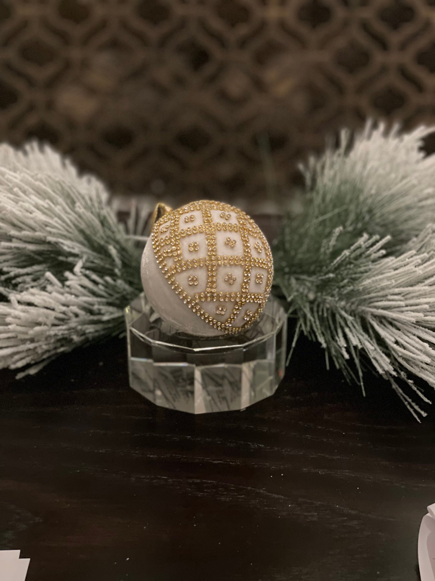 4” Velvet and crystal ball ornament ivory and gold.