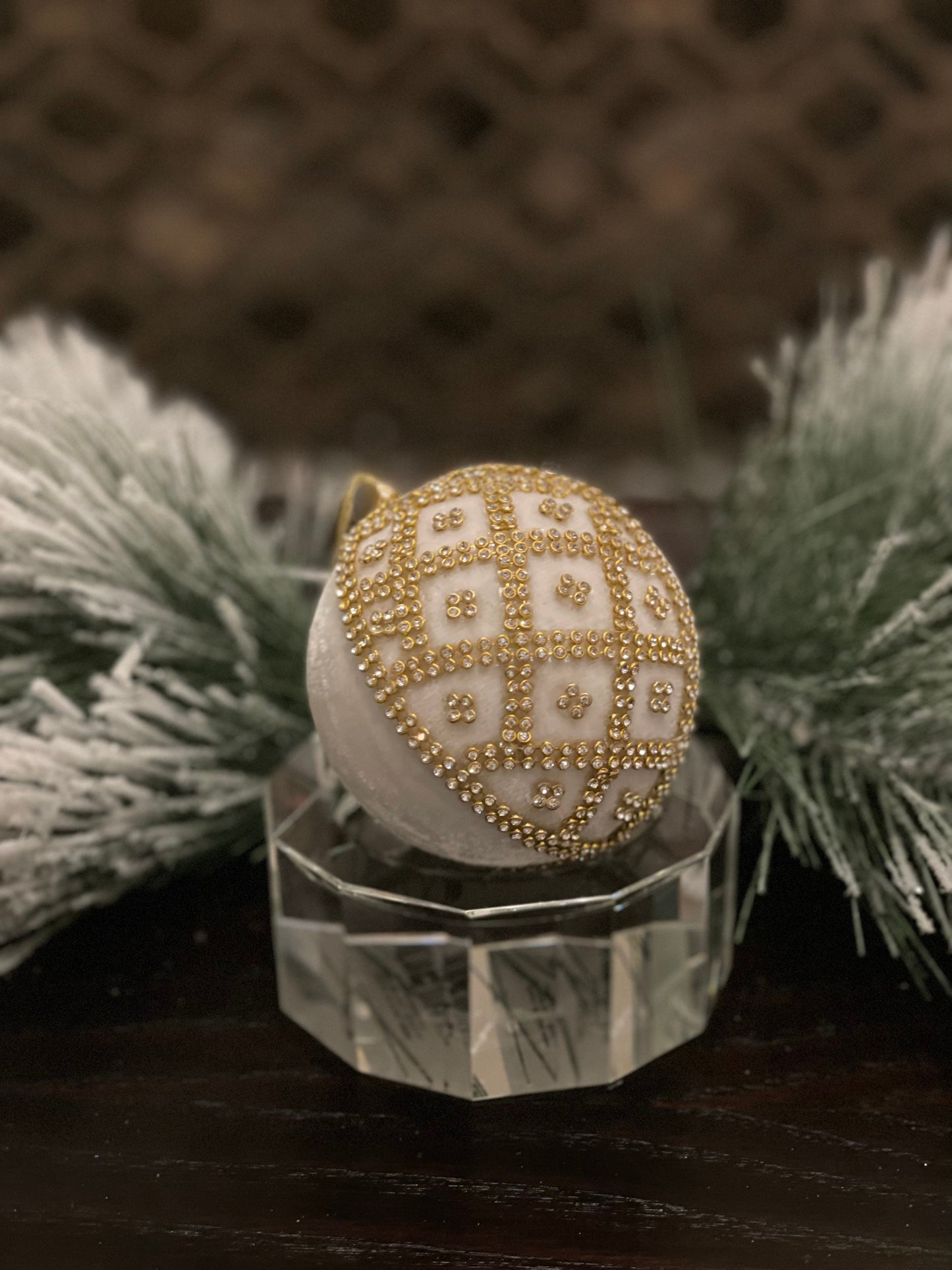 4” Velvet and crystal ball ornament ivory and gold.