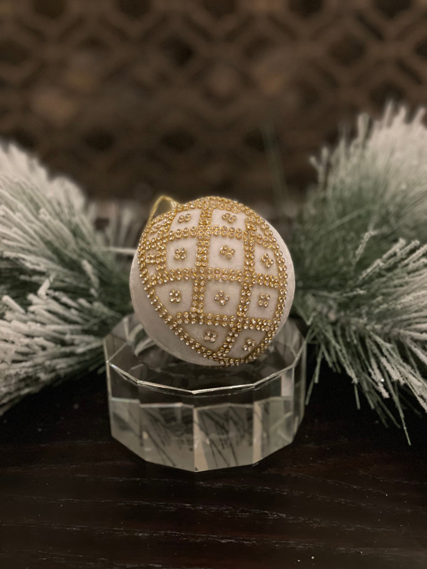 4” Velvet and crystal ball ornament ivory and gold.