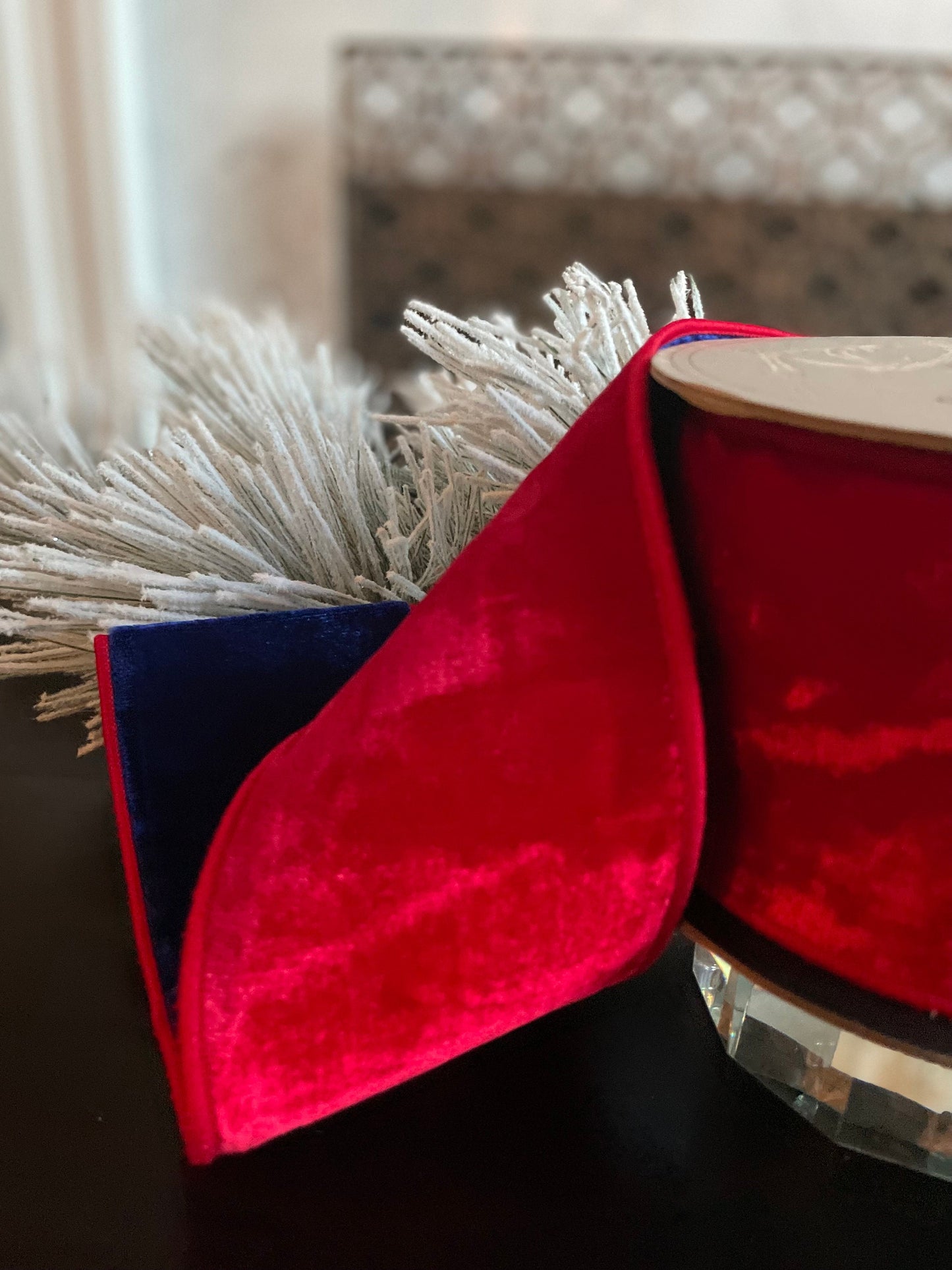 Designer Red and Royal blue back double sided velvet ribbon. 4”x 5 yards. Wired. D. Stevens.