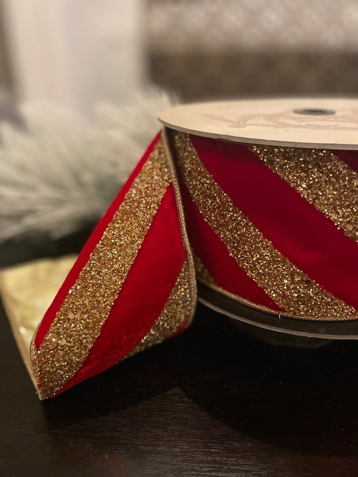 4" x 10yds red velvet and gold glitter diagonal striper. D. Stevens. Wired.