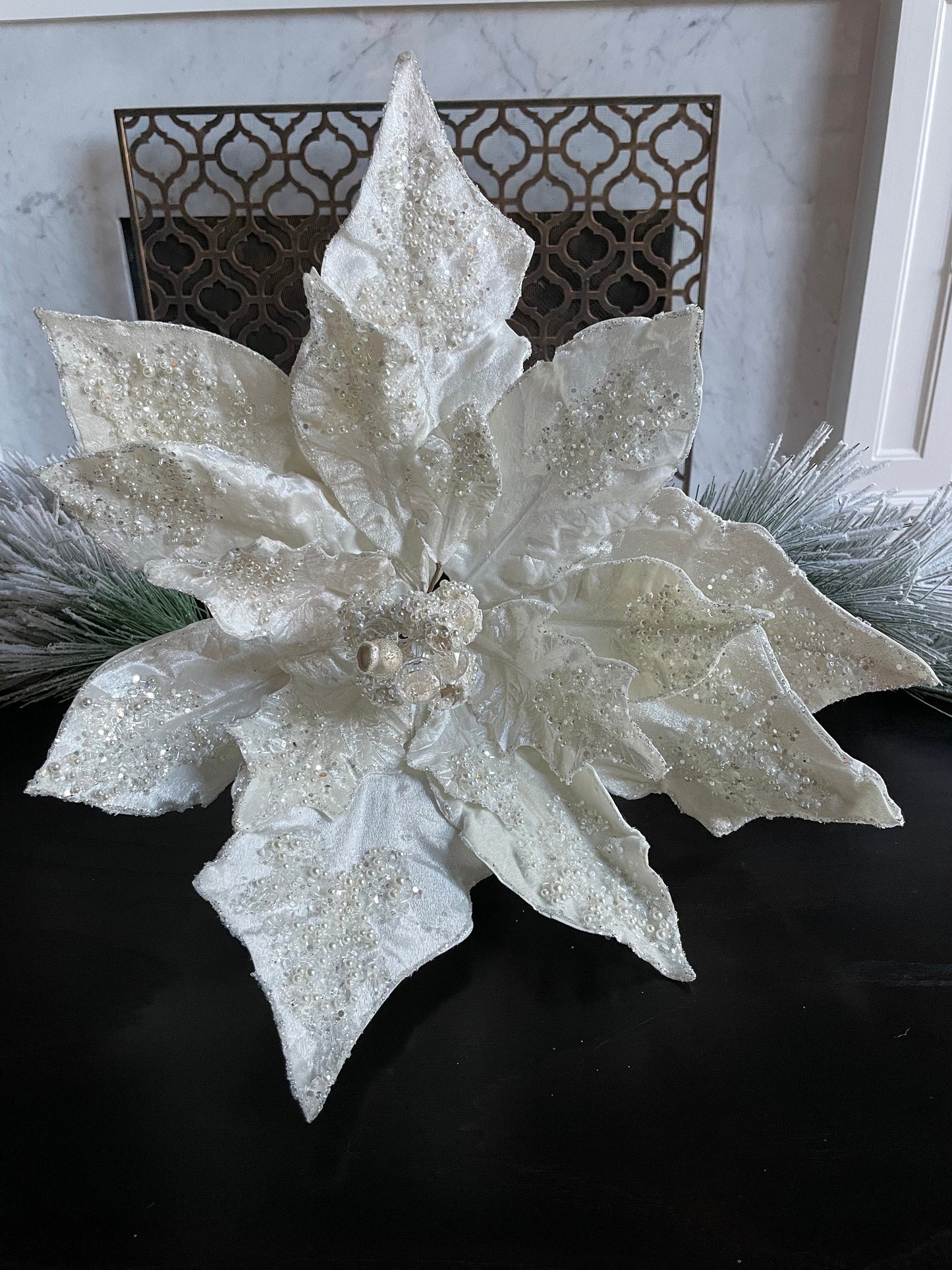 22” Poinsettia pick pearl, soft white, pearls and sequins 22” tip to tip.