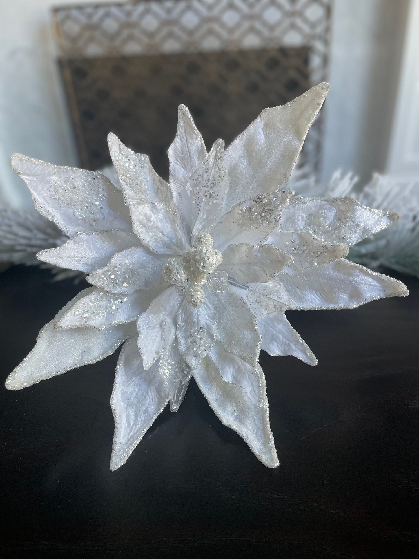 18”Extra large clip Poinsettia velvet white beaded and glitter. 18” tip to tip.