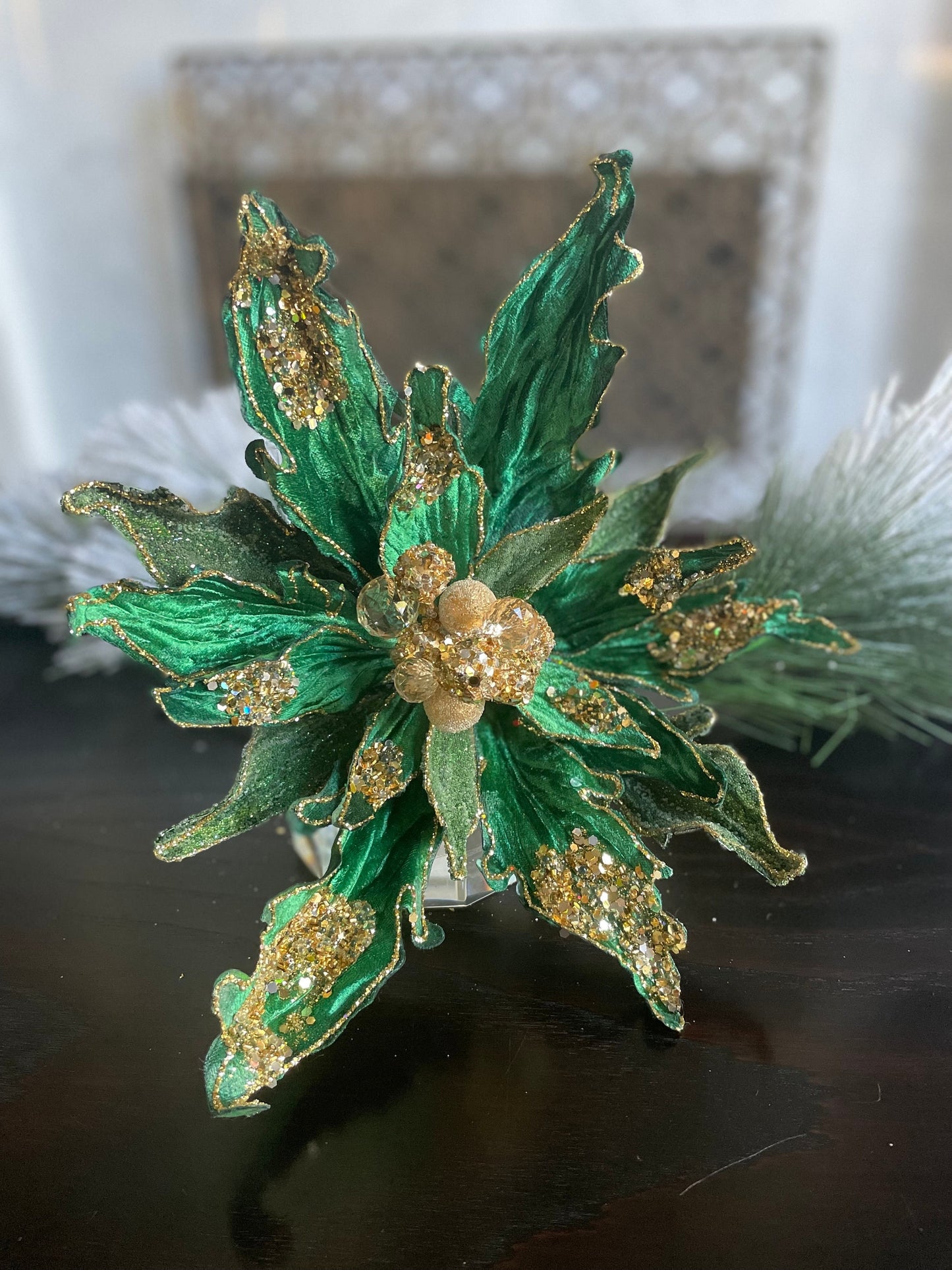 14.5” Large Poinsettia stem emerald and gold glitter. Beaded. 14.5” tip to tip.