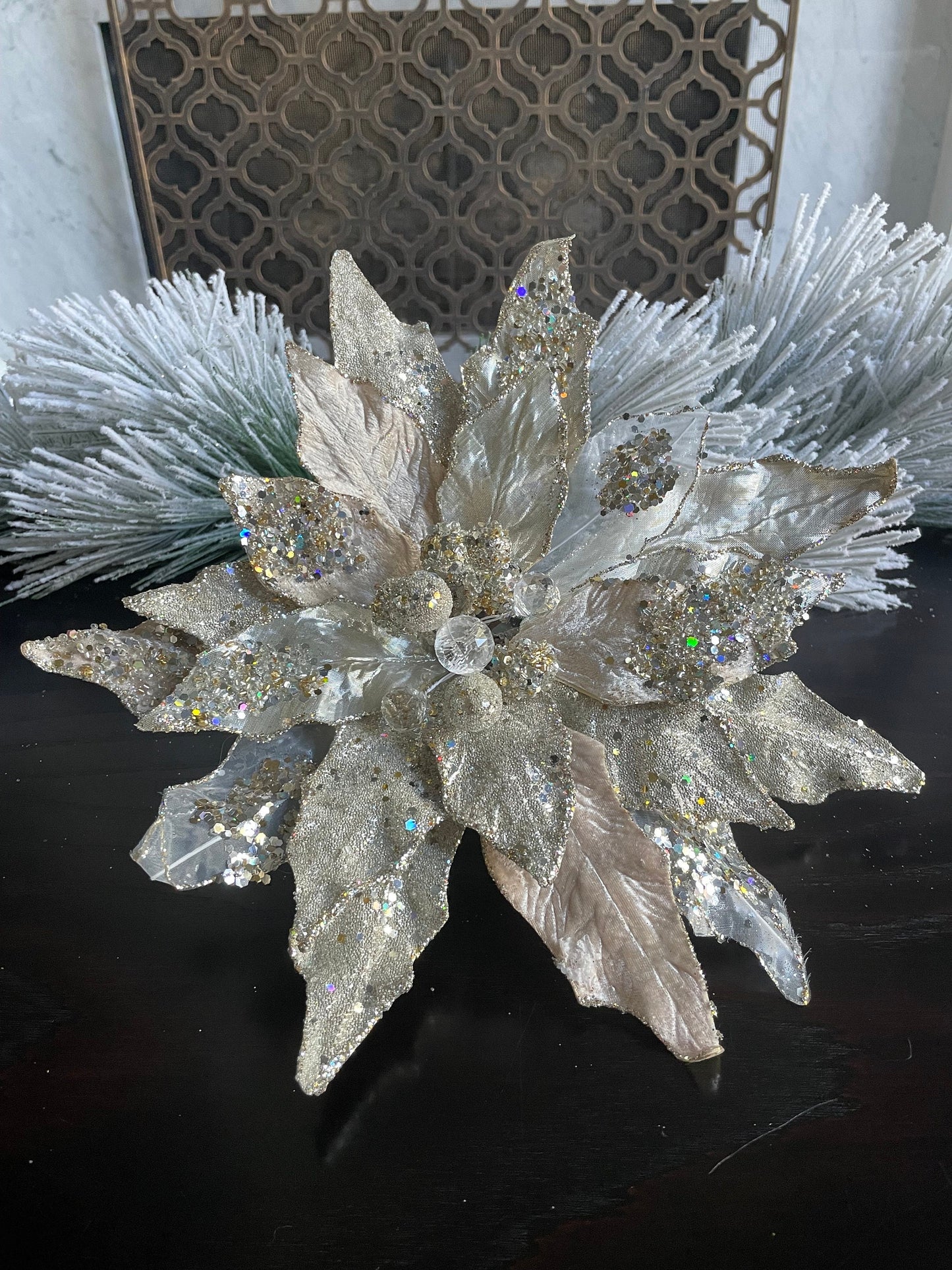 13” Poinsettia clip platinum beaded and glitter. 13” tip to tip.