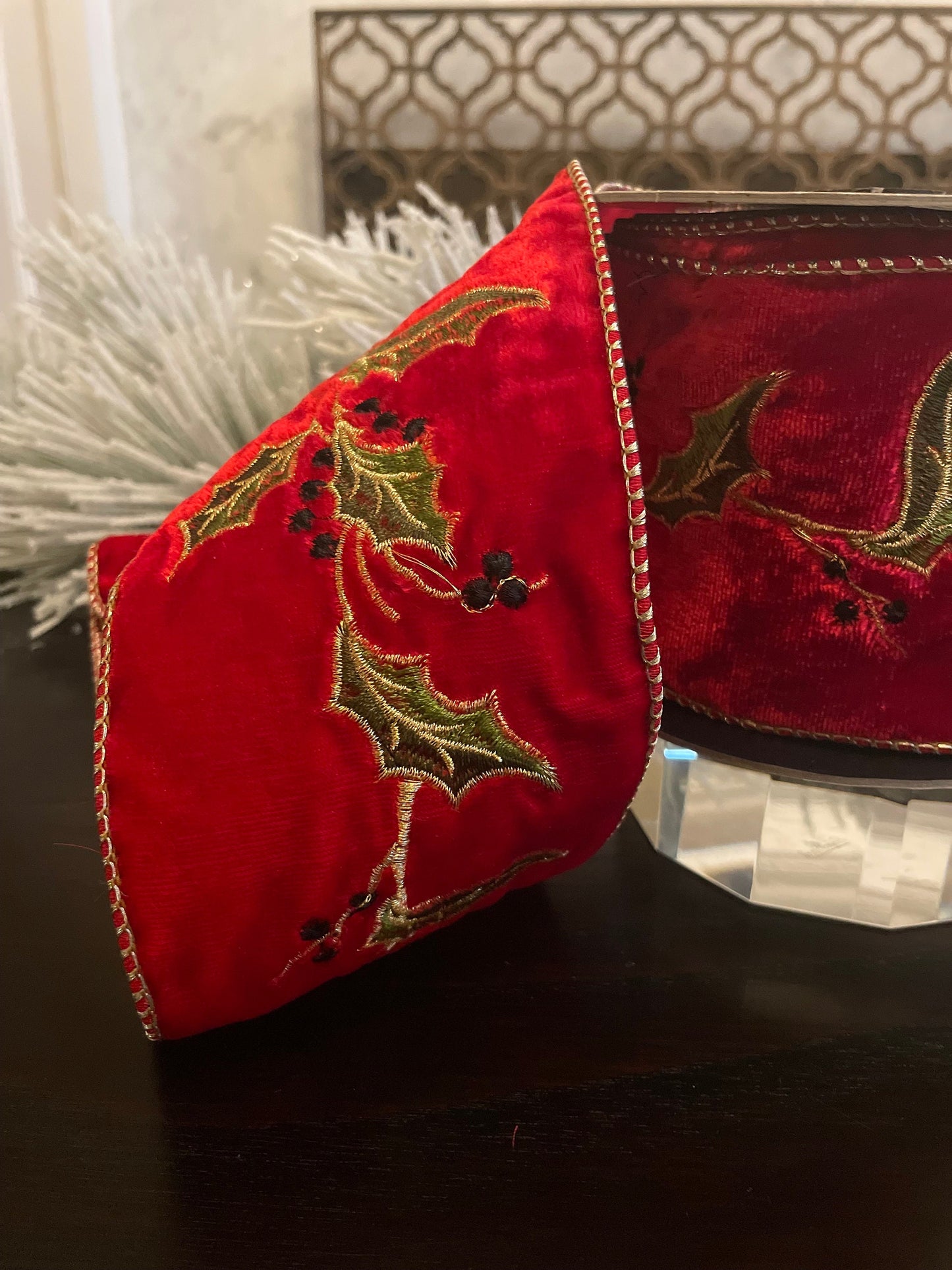 4” x 5 yds Ribbon Holly embroidery red-gold. Wired. D. Stevens.