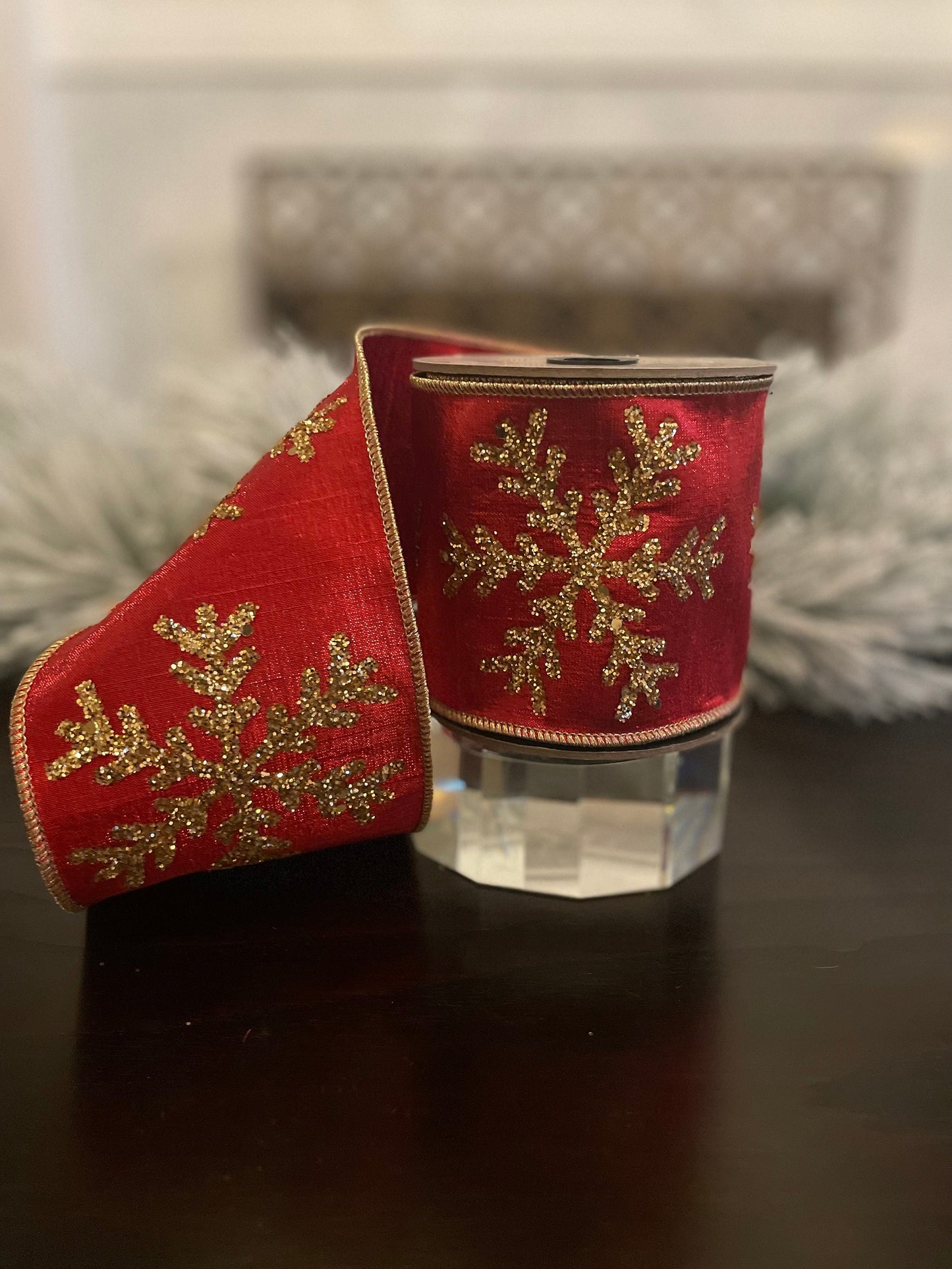 4” x 5 yds Ribbon metallic dupion gold glitter snowflake, red. Wired. D. Stevens.