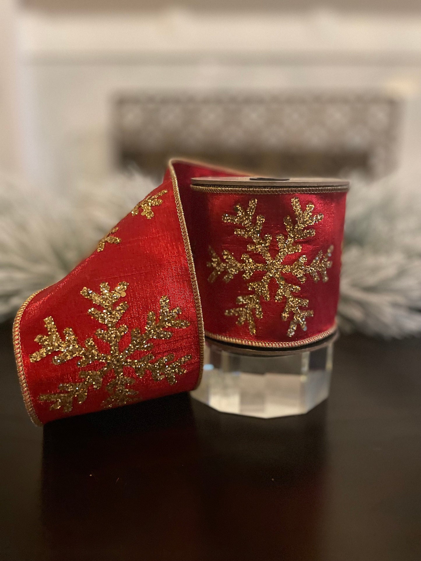4” x 5 yds Ribbon metallic dupion gold glitter snowflake, red. Wired. D. Stevens.