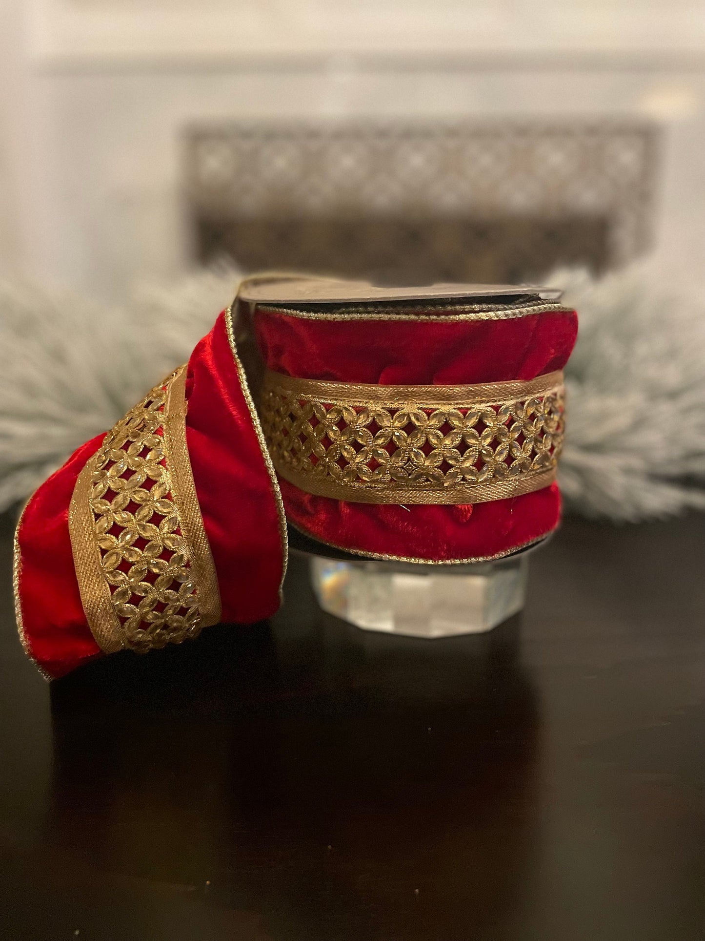 4” x 5 yds Ribbon velvet jeweled trellis metallic dupion back, gold-red. Wired. D. Stevens.