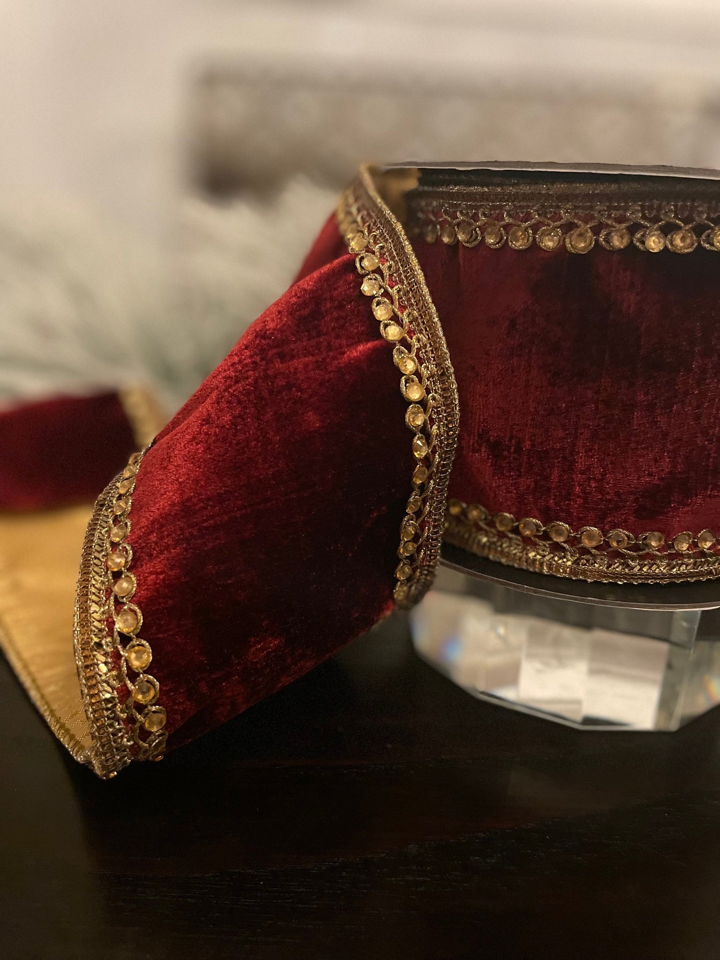 4” x 5 yds Ribbon velvet jewel side trim burgundy. Wired. D. Stevens.
