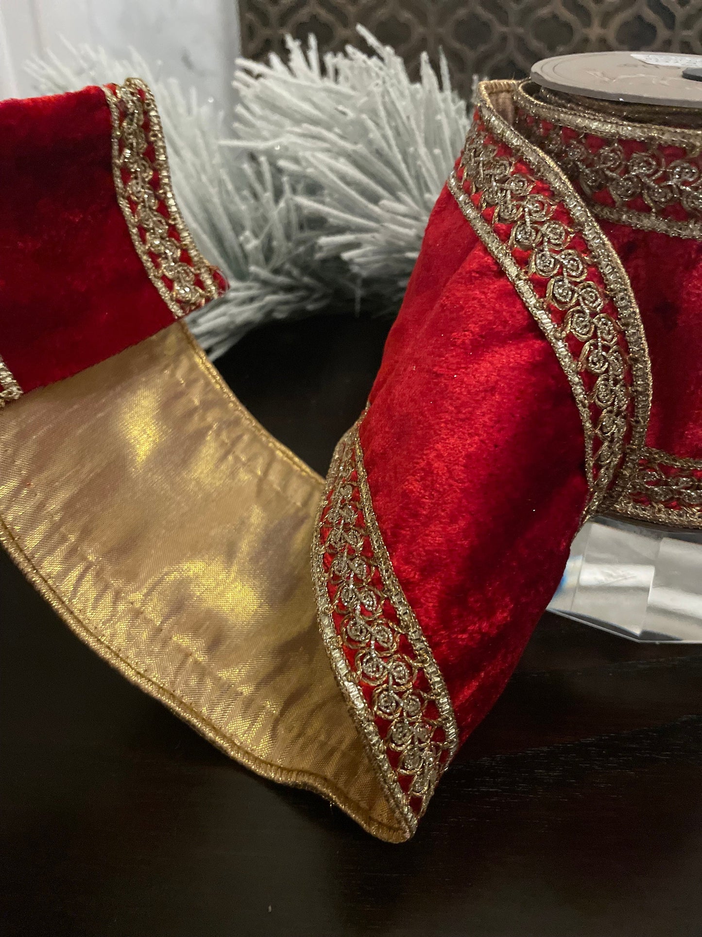 4” x 5 yds velvet embroidery gold side trim red. Wired. D. Stevens.