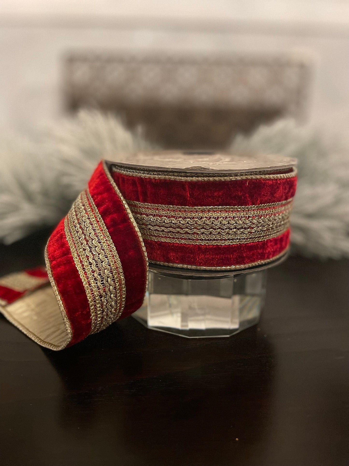 2.5” x 10 yds Designer ribbon velvet verona red with gold trim . Wired. D. Stevens.