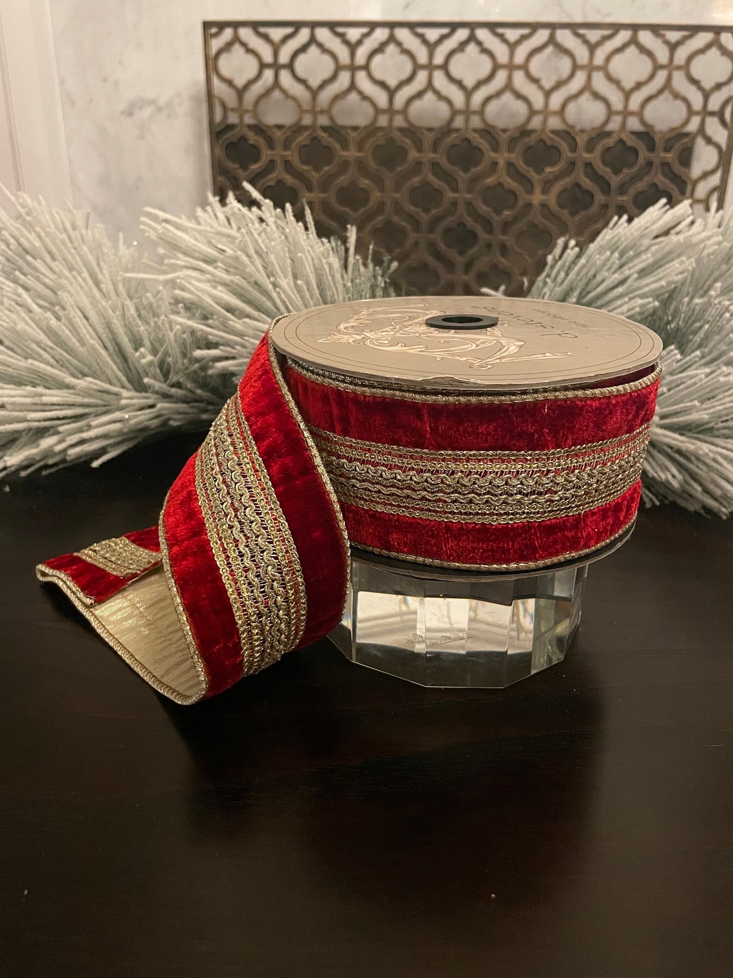 2.5” x 10 yds Designer ribbon velvet verona red with gold trim . Wired. D. Stevens.