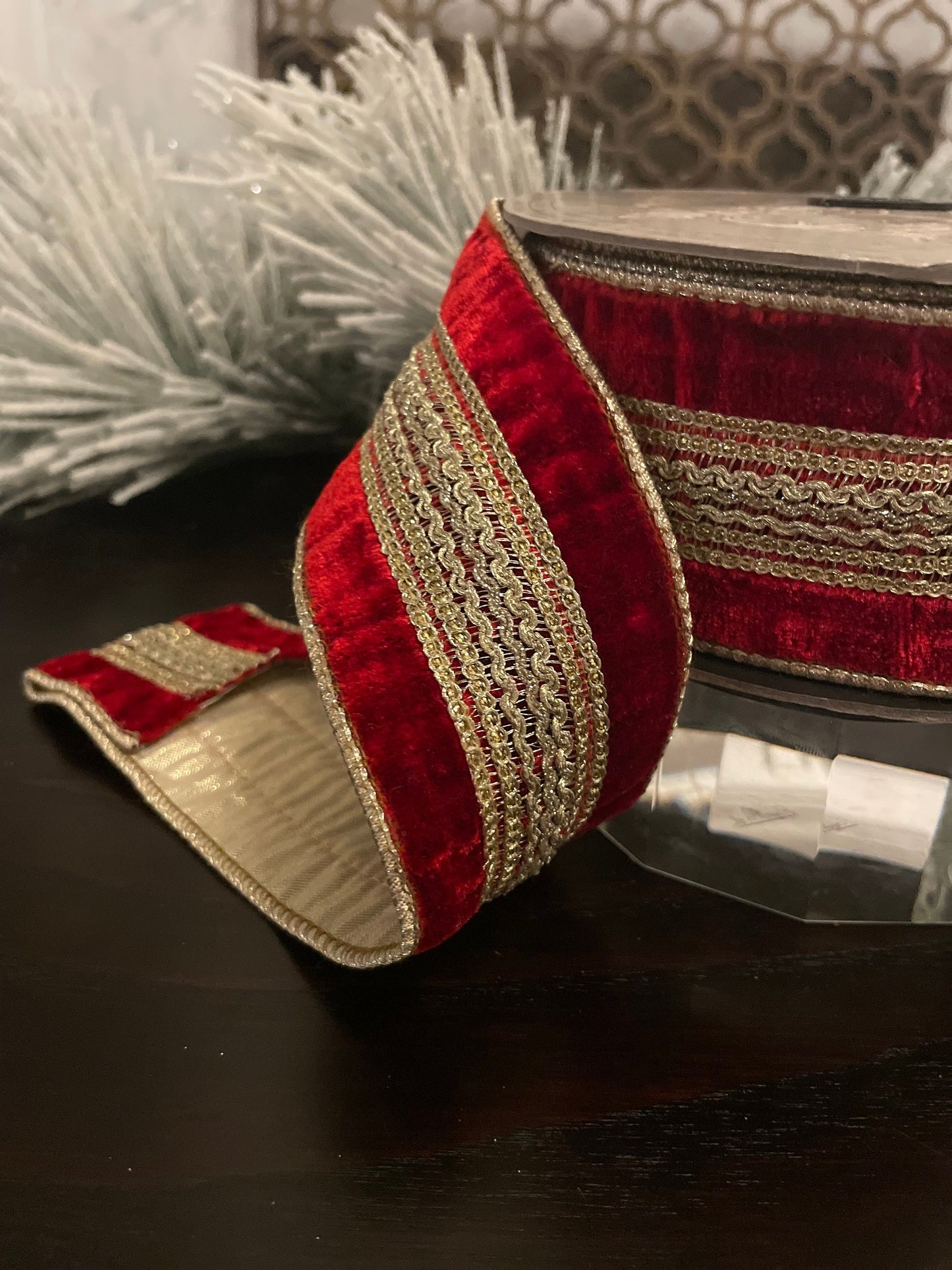 2.5” x 10 yds Designer ribbon velvet verona red with gold trim . Wired. D. Stevens.