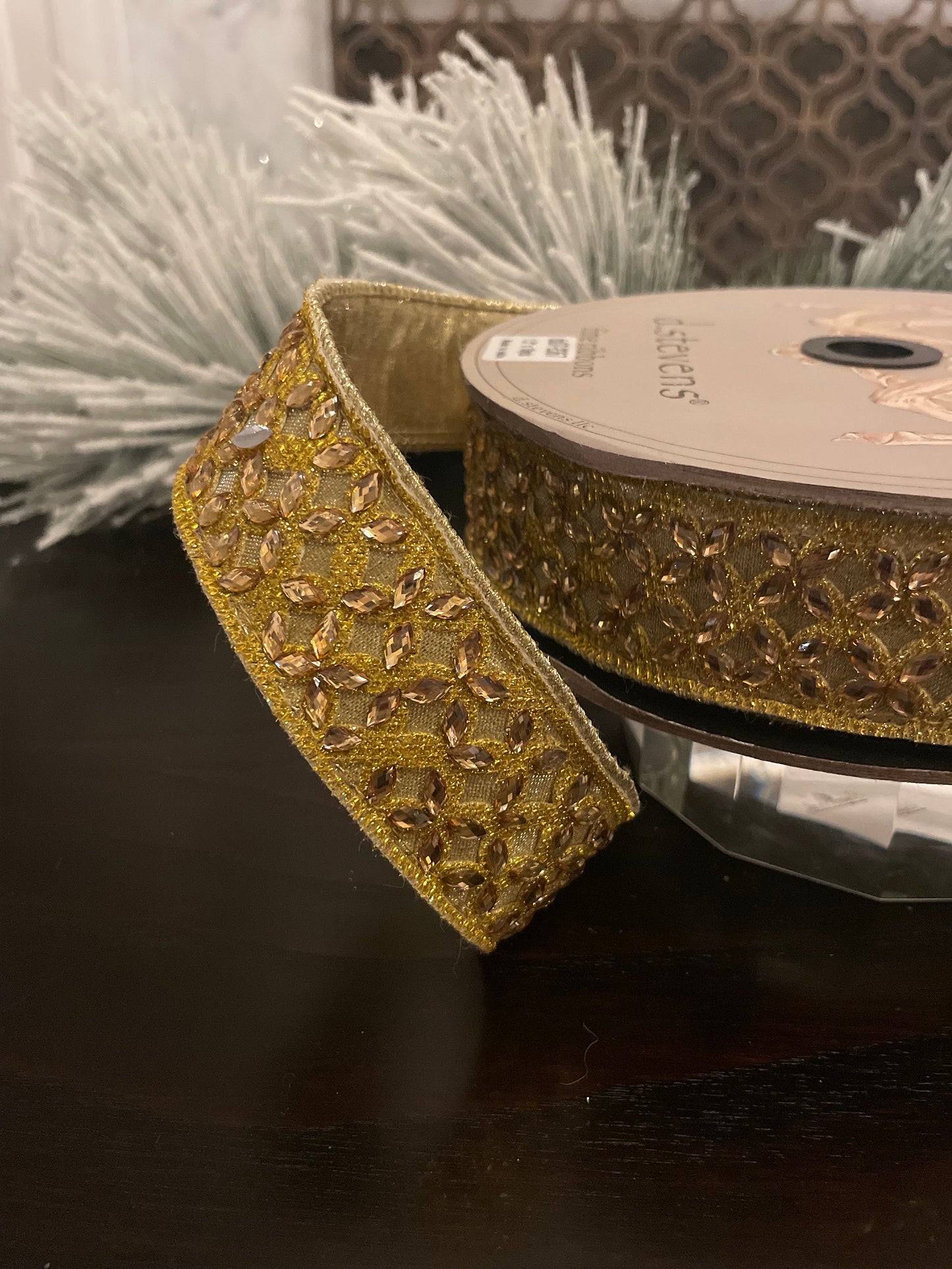 1.5” x 10 yds. Designer ribbon faux metallic dupion flower crystal trellis trim gold. D. Stevens.
