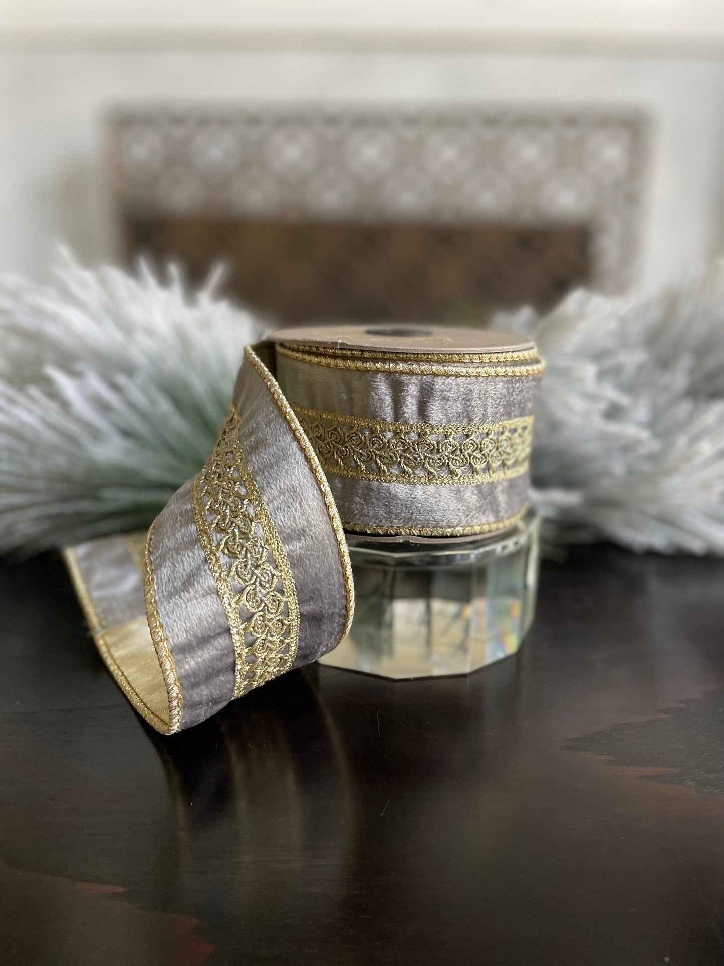 2.5” x 5 yds. Designer gray velvet ribbon with platinum center trim. Wired. D. Stevens. Gorgeous!*