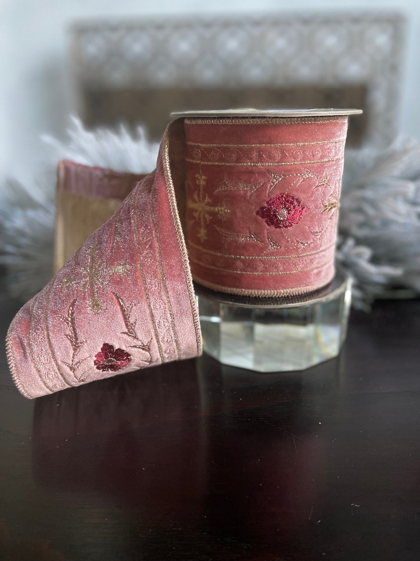 4” x 5 yds. Designer velvet pink Holy Chapel gold embroidery ribbon. Wired. D. Stevens.