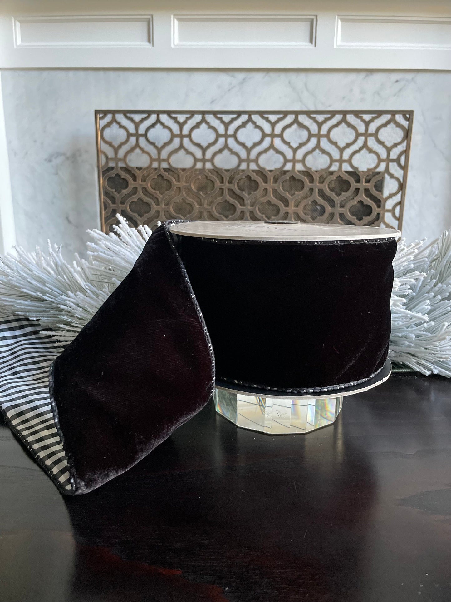 4” x 10 yds. Designer black velvet and taffeta check back ribbon. Wired. D. Stevens.